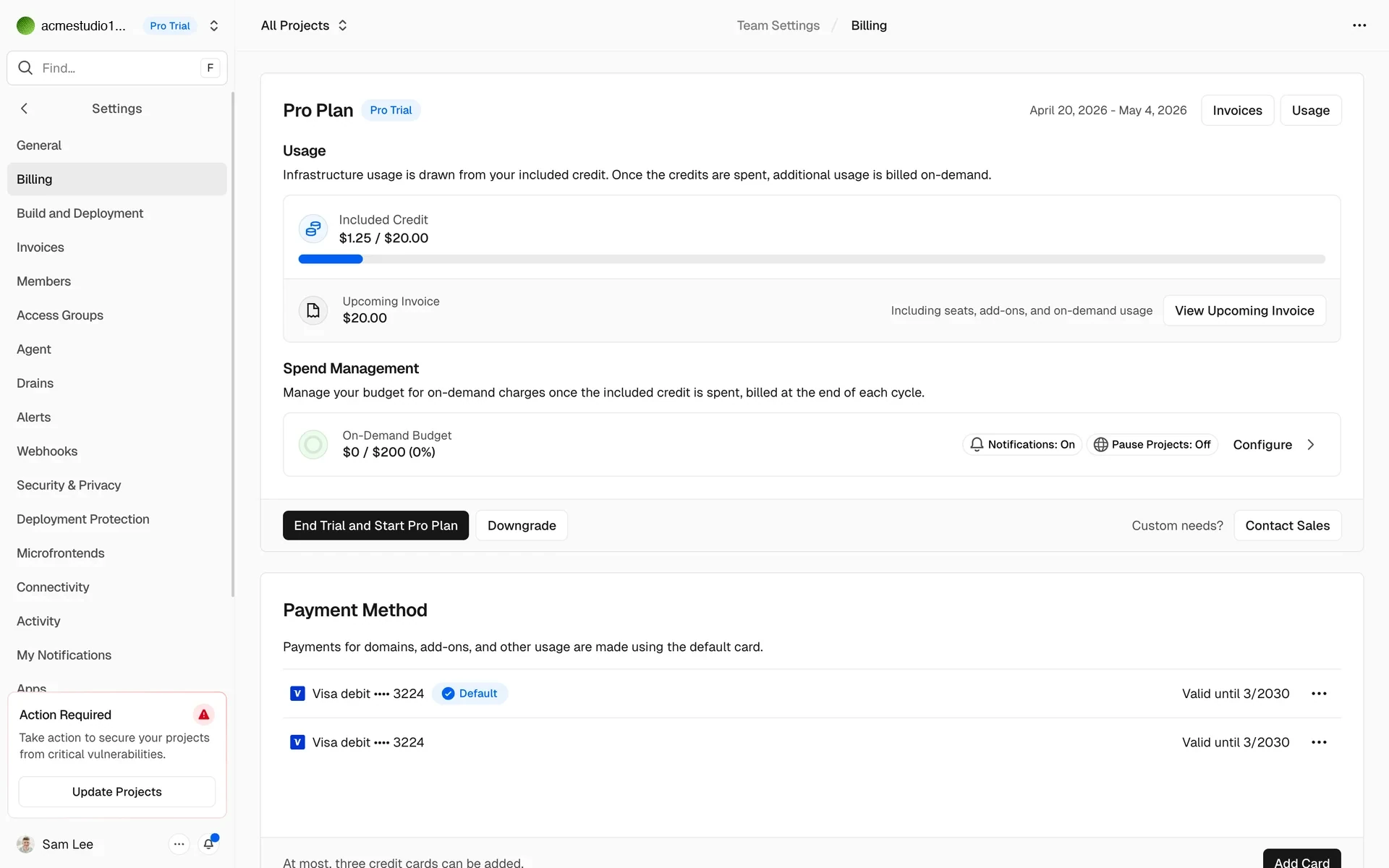 Vercel Team Settings Billing page for a Pro Plan with a Pro Trial badge, Included Credit progress bar, Upcoming Invoice of $20.00, and Downgrade button beside End Trial and Start Pro Plan