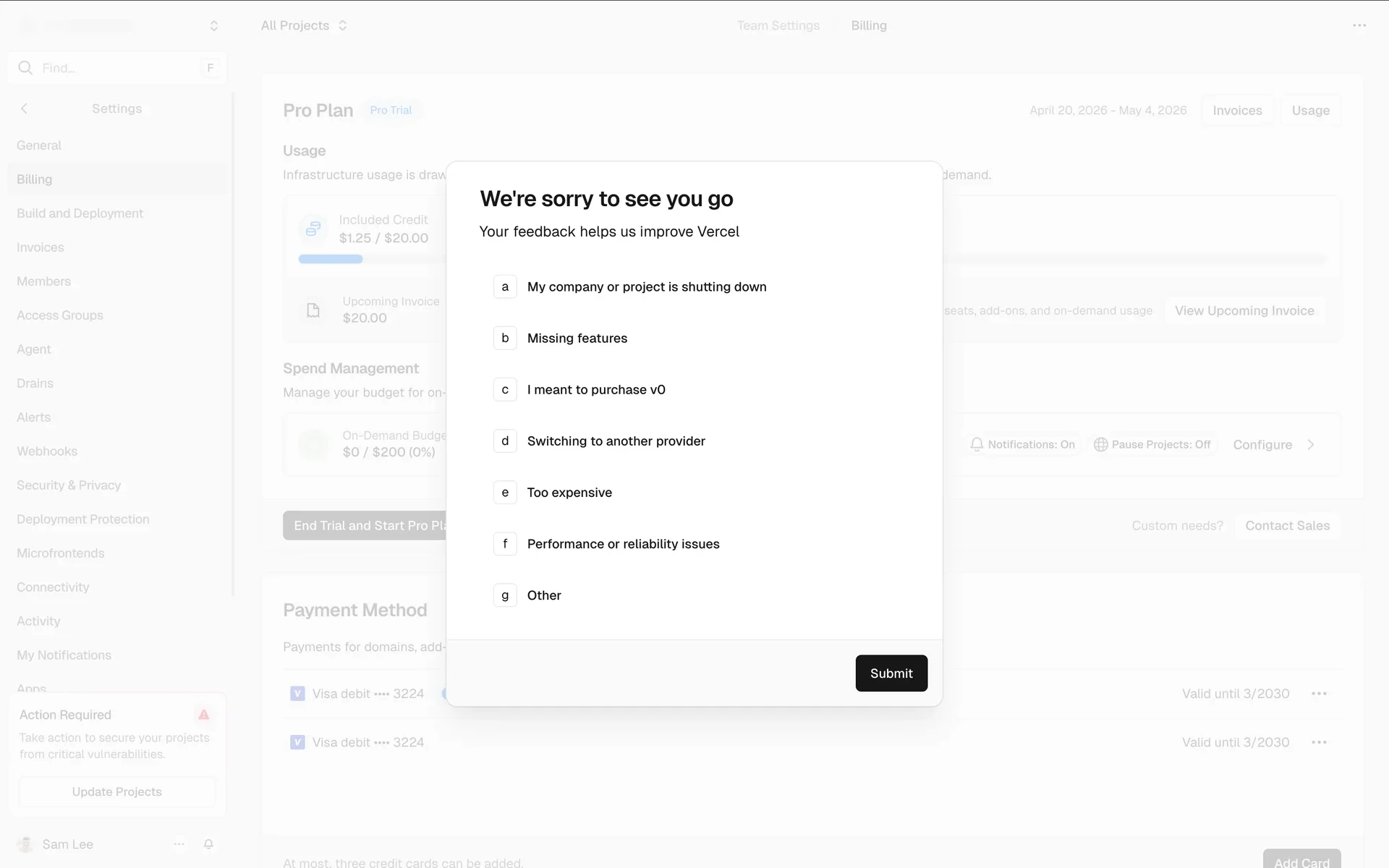 Vercel feedback modal titled We're sorry to see you go with seven lettered radio options including I meant to purchase v0 and a black Submit button over the Billing page
