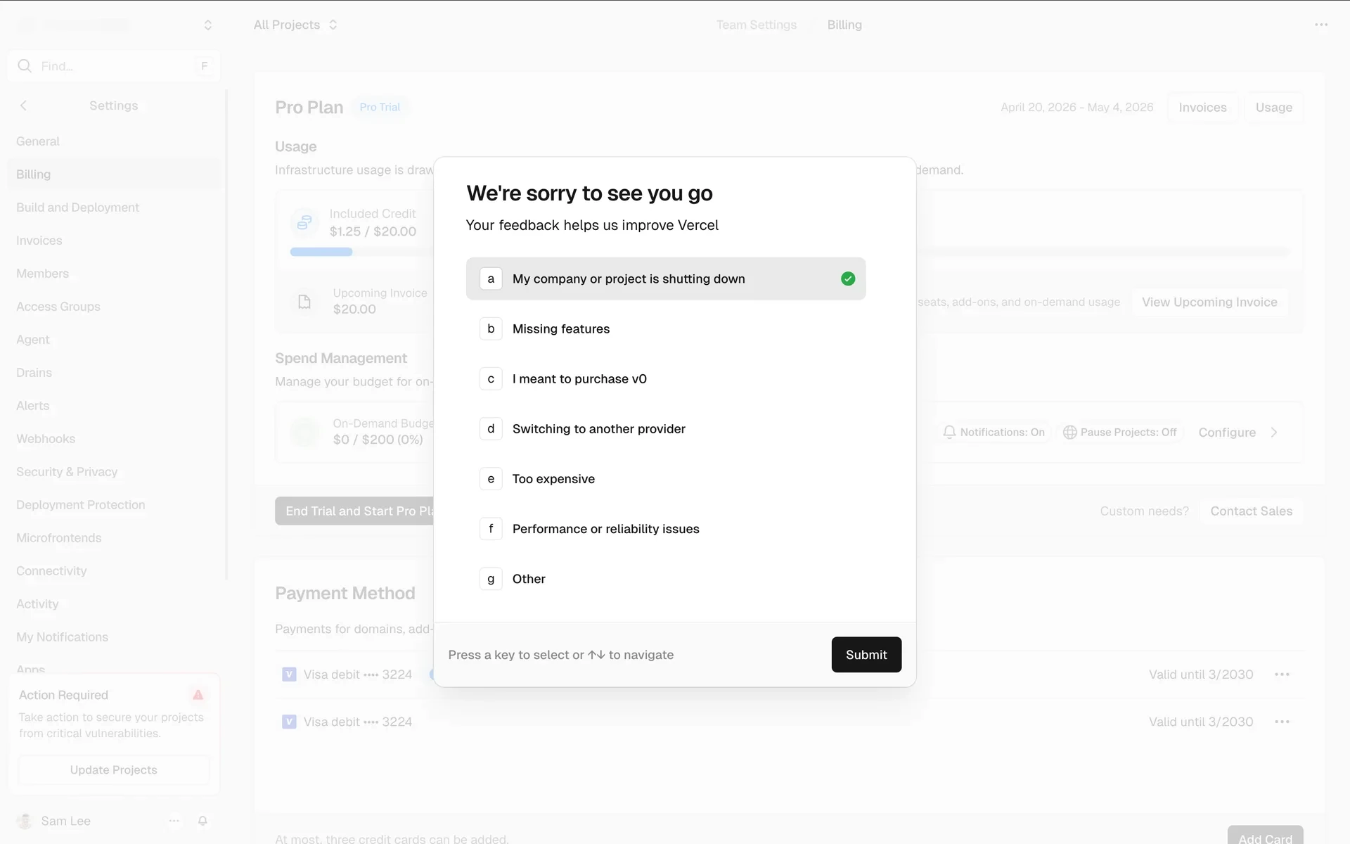 Same Vercel feedback modal with option a My company or project is shutting down selected and marked with a green checkmark next to the Submit button