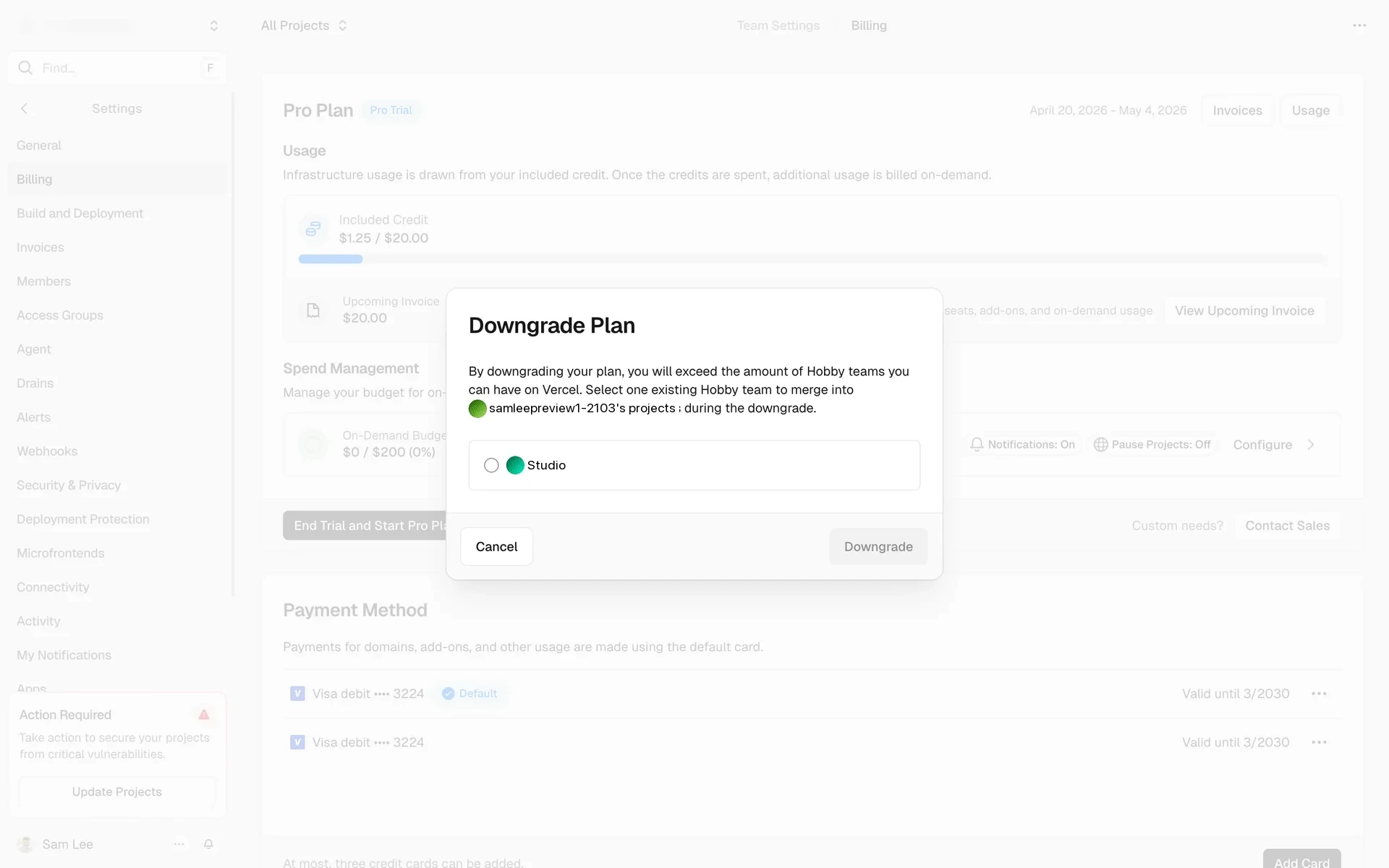 Vercel Downgrade Plan modal explaining Hobby team limits, with a selectable Studio Hobby team radio option and Cancel and Downgrade buttons