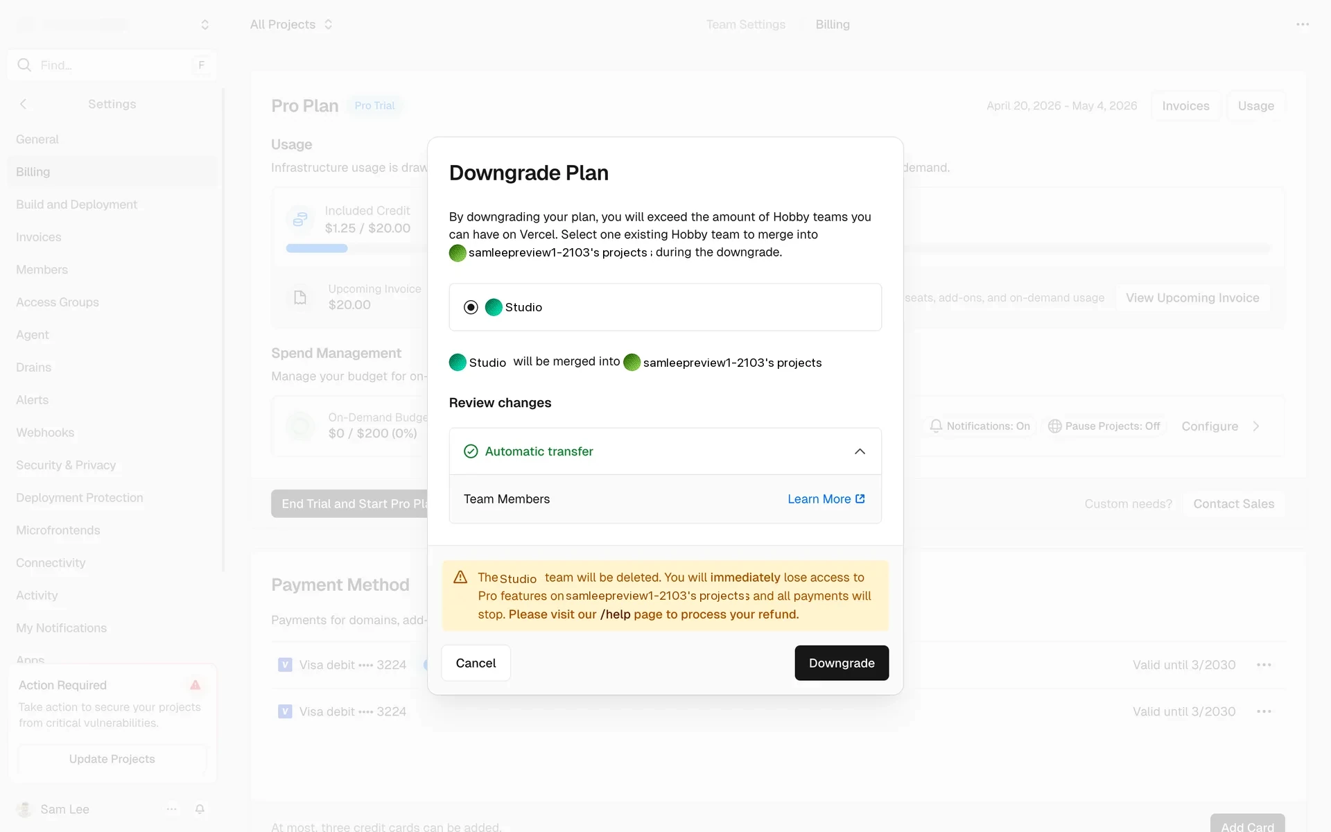 Vercel Downgrade Plan modal with Studio selected for merge, Review changes expanded showing Automatic transfer, and a yellow warning that the Studio team will be deleted, Pro features end immediately, payments stop, and refunds go through /help