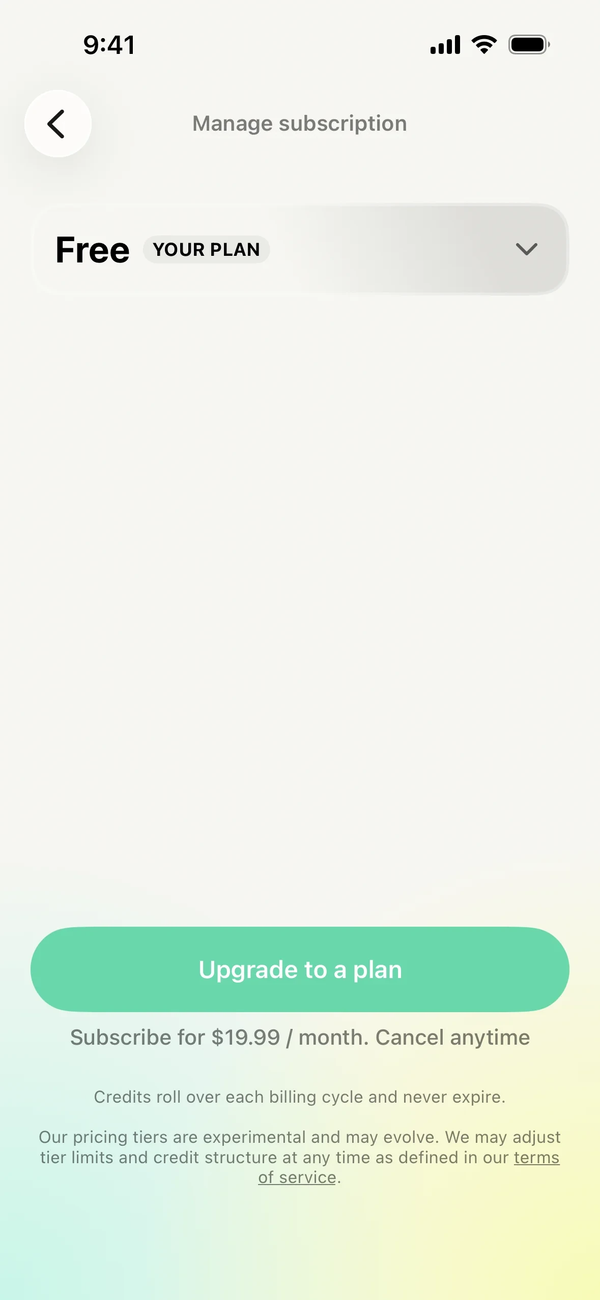 Vibecode Manage subscription screen headed Free with a YOUR PLAN badge, a green Upgrade to a plan button, and the line Subscribe for $19.99 / month. Cancel anytime, plus credit rollover copy and a terms of service note