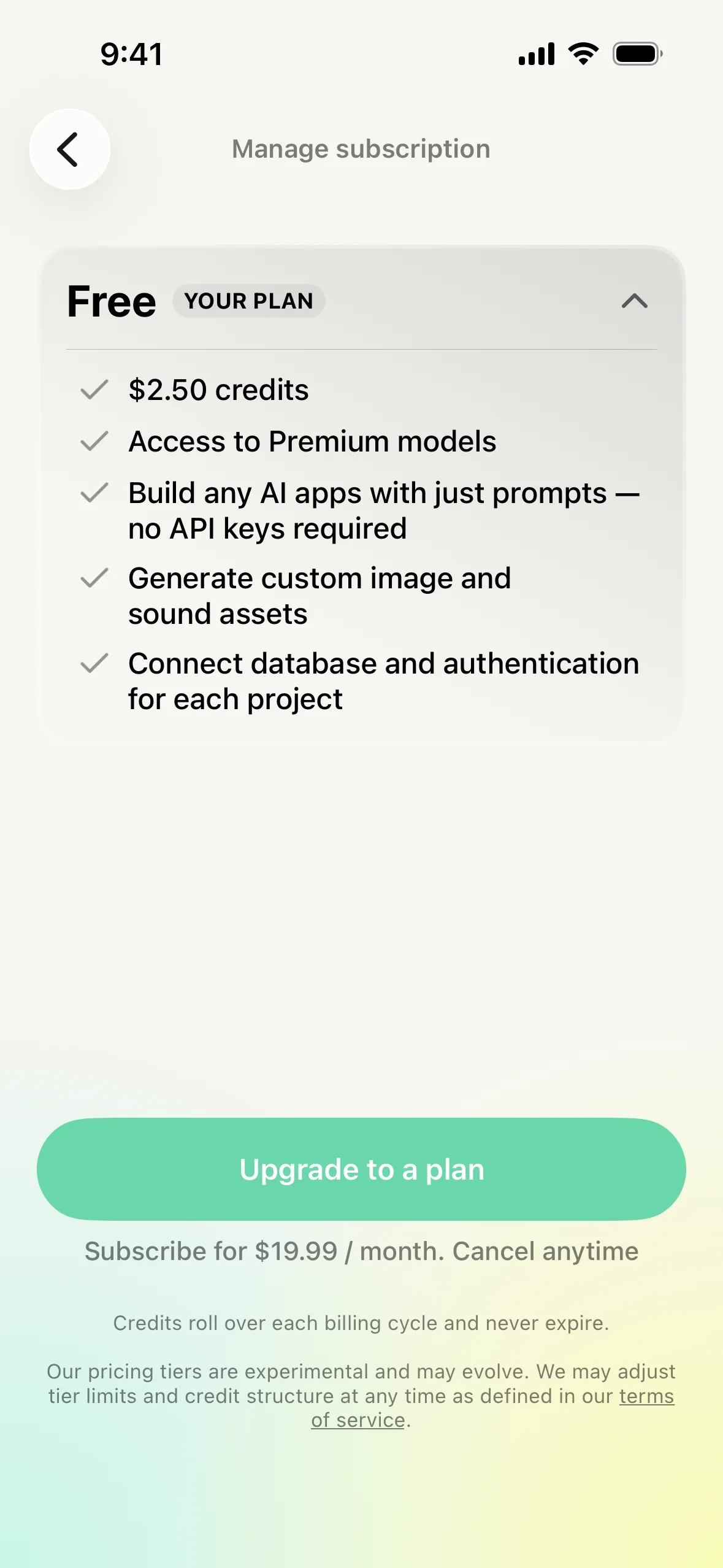 Expanded Free YOUR PLAN card on Vibecode Manage subscription listing $2.50 credits, Premium models, prompt-based app building, image and sound assets, and database/auth bullets above the Upgrade to a plan button