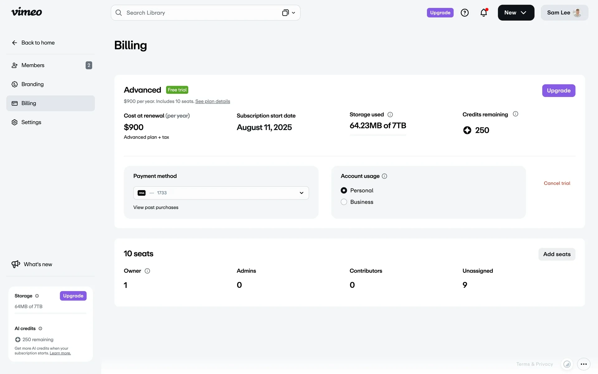 Vimeo Billing page showing the Advanced plan with a Free trial badge, "$900 per year. Includes 10 seats," cost at renewal, payment method, and a red Cancel trial link on the right