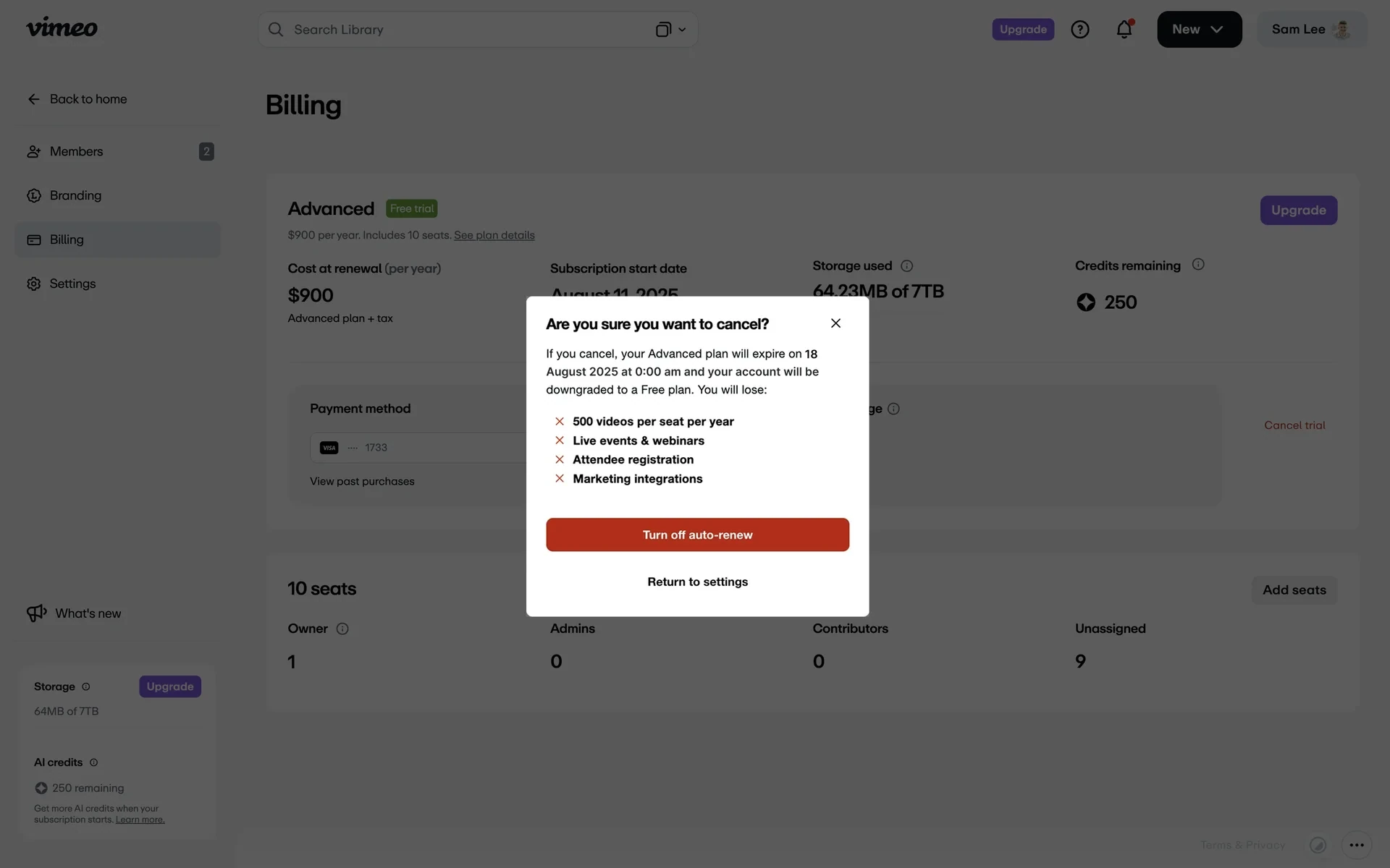 Vimeo cancellation dialog "Are you sure you want to cancel?" warning the Advanced plan will expire on 18 August 2025 and the account will downgrade to Free, listing lost features, with a red Turn off auto-renew button above a Return to settings link