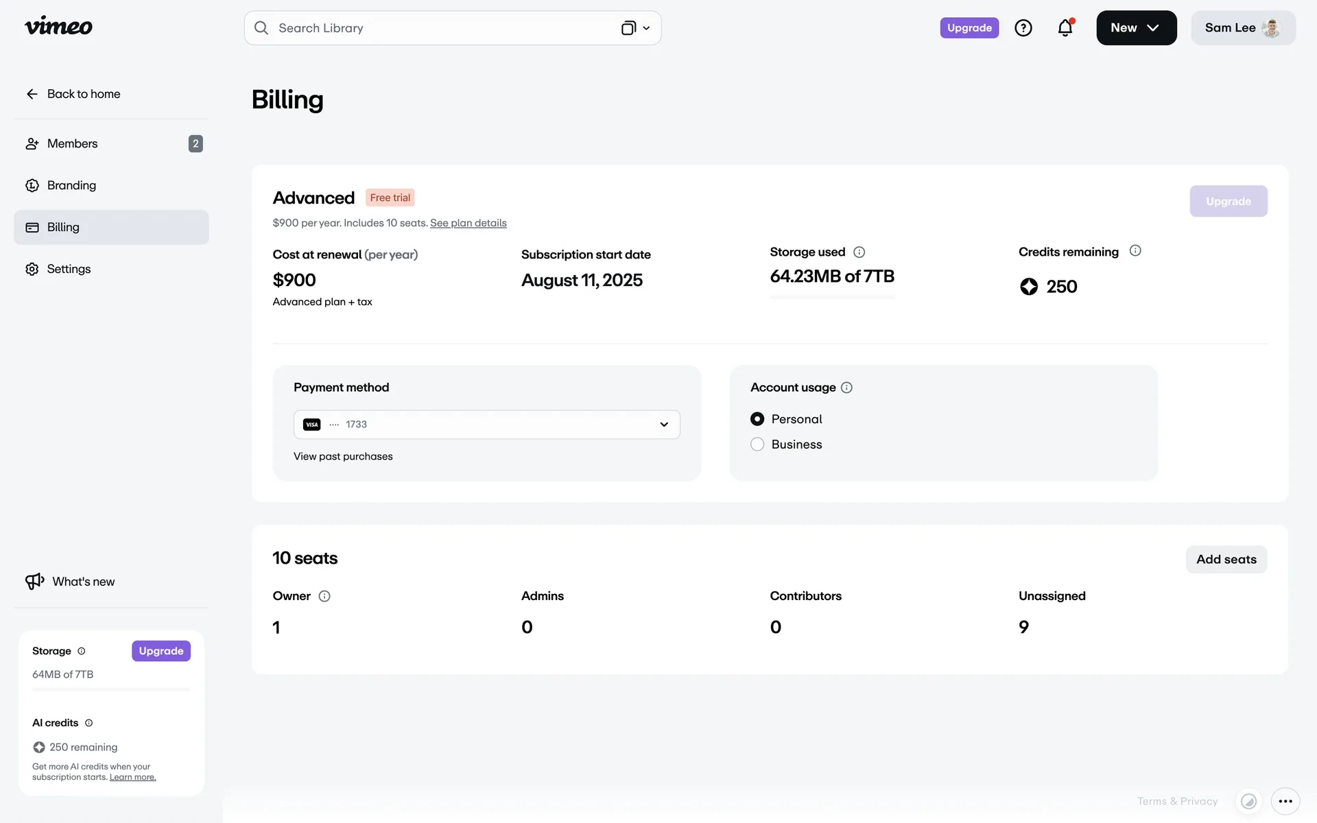 Vimeo Billing page after canceling, showing the Free trial badge changed and the Upgrade button greyed out, confirming auto-renew has been turned off