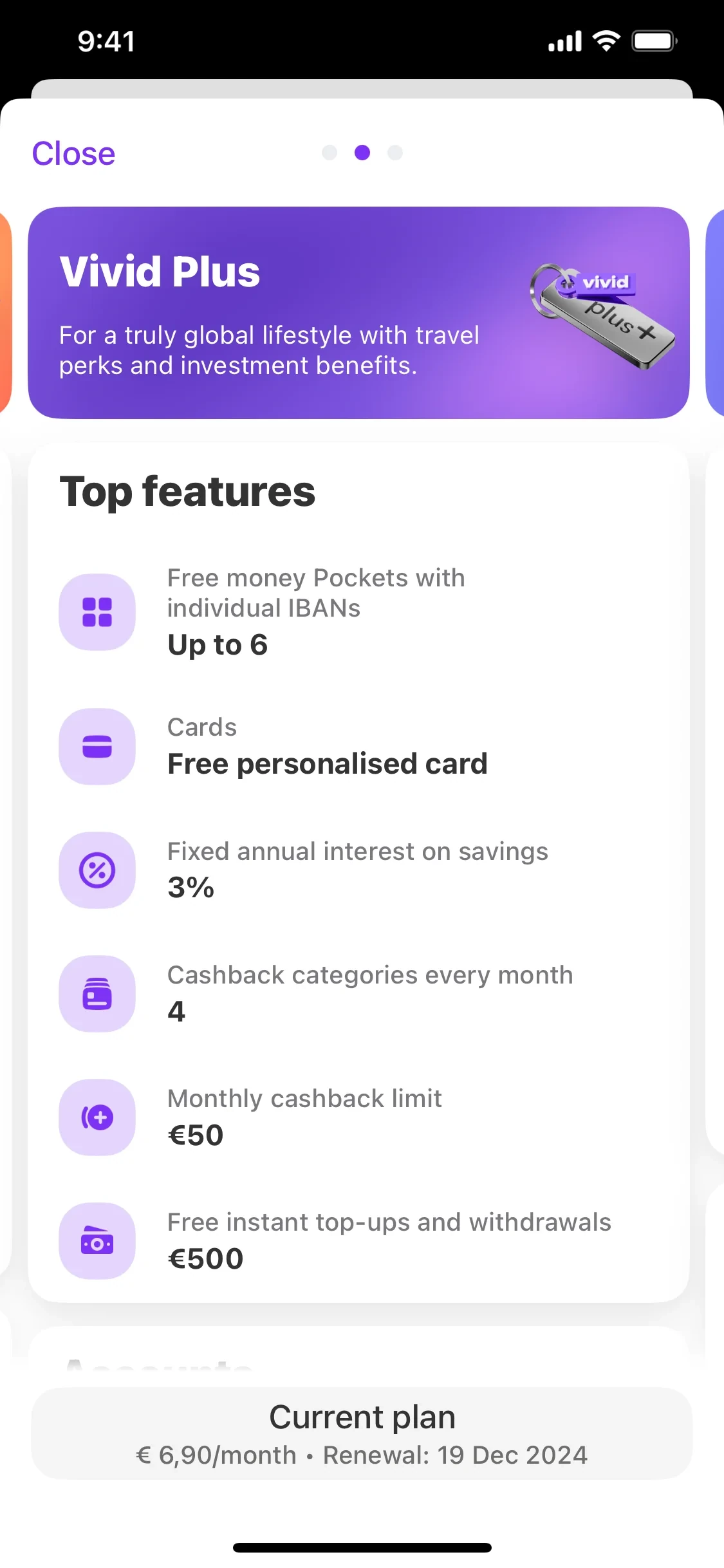 Vivid Plus plan card showing Top features including up to 6 Money Pockets and a Current plan button with 6,90 euros per month and Renewal 19 Dec 2024 underneath
