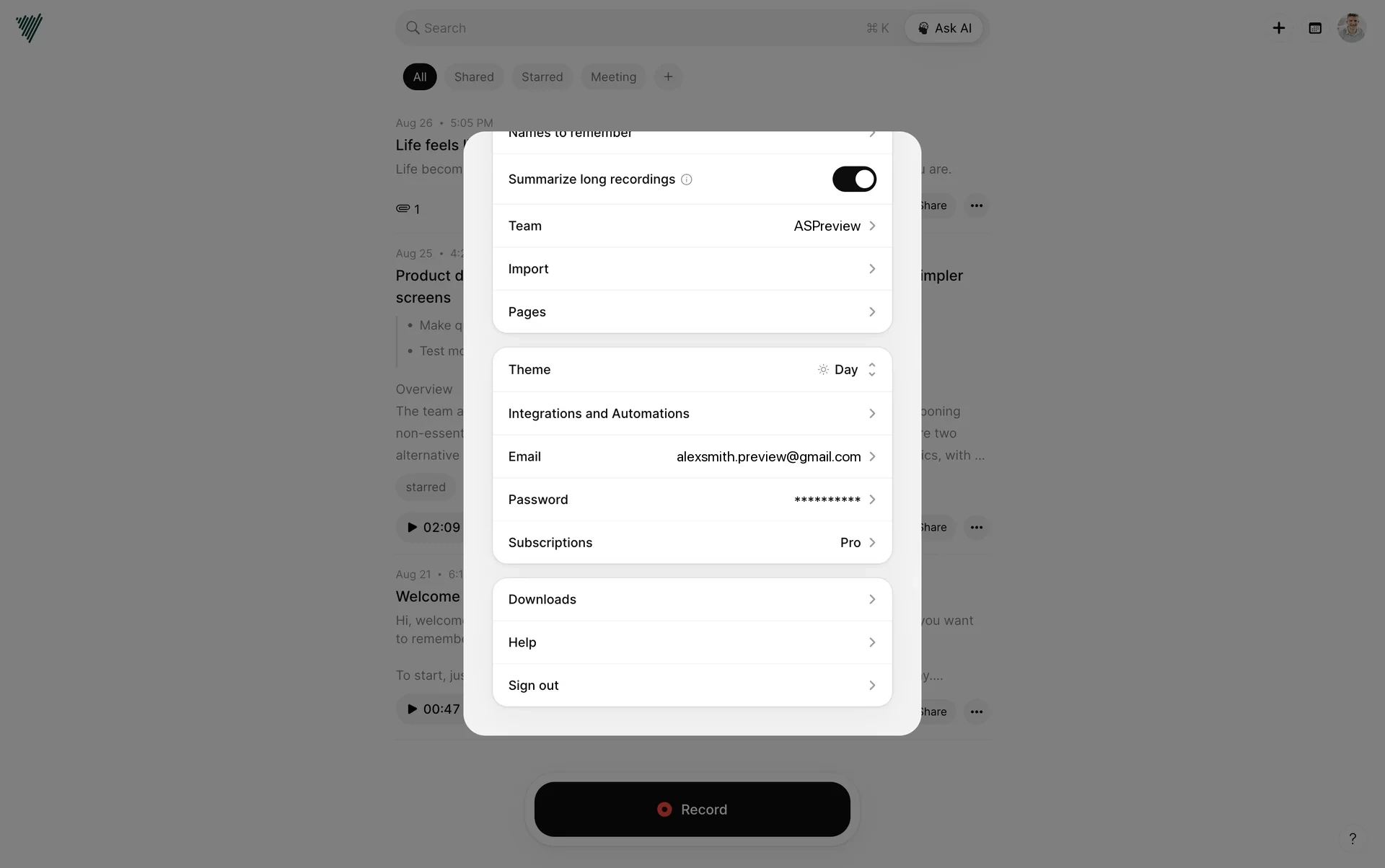 Voicenotes Settings window over the notes list, scrolled to show Summarize long recordings, Team, Import, Pages, Theme, Integrations and Automations, Email, Password, a Subscriptions row reading Pro, then Downloads, Help and Sign out