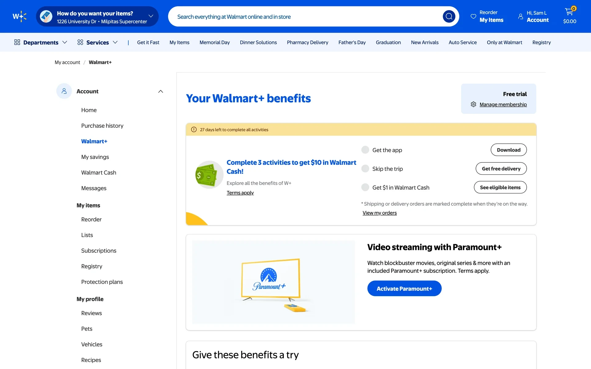 Walmart+ benefits page with the account sidebar (Walmart+ highlighted) and a Manage membership link in the top-right Free trial card