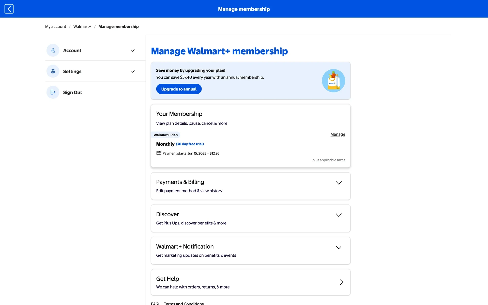 Manage Walmart+ membership page showing an Upgrade to annual banner and the Your Membership card (Monthly, 30 day free trial, payment starts $12.95) with a Manage link
