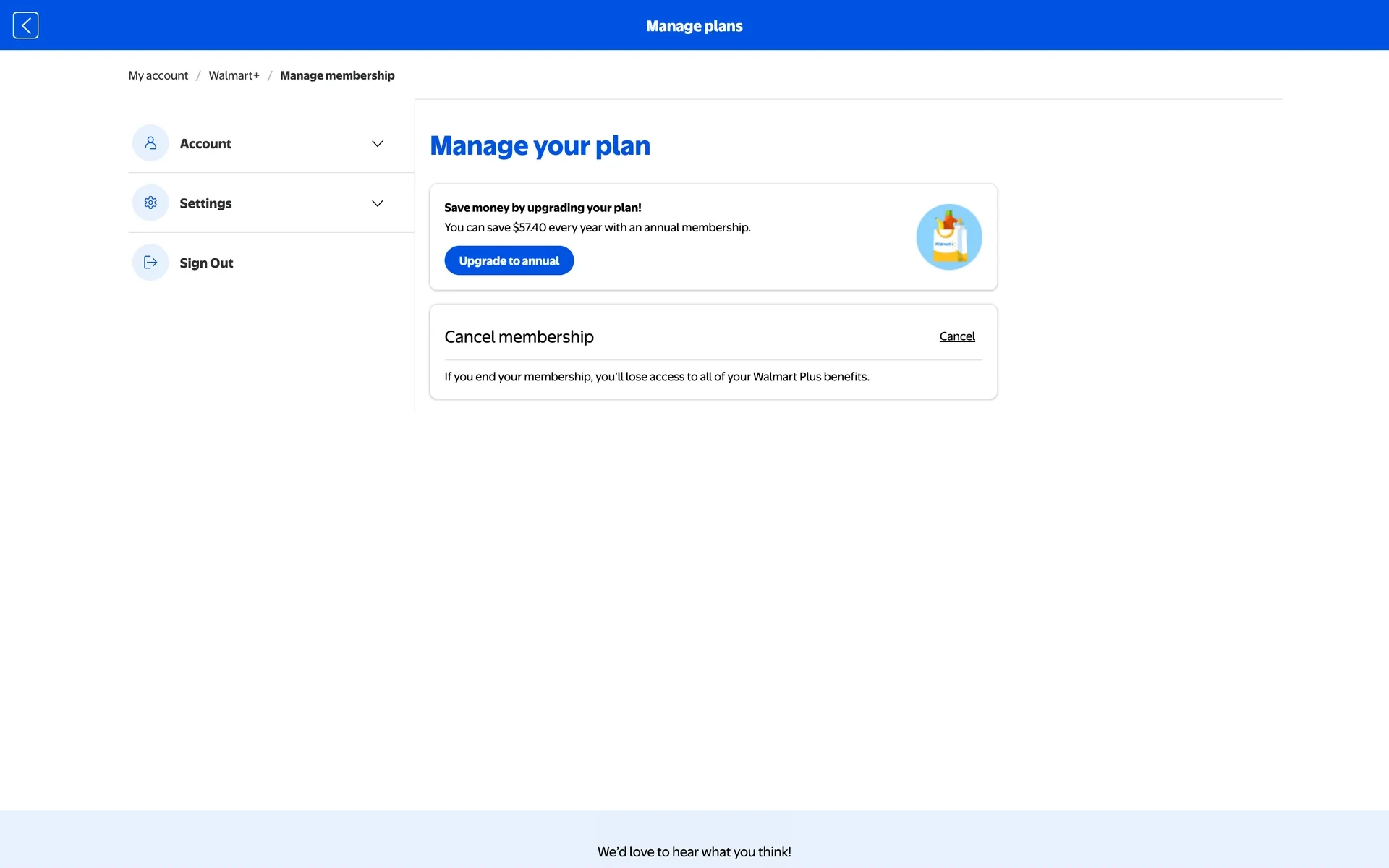 Manage your plan page with a Cancel membership section and a Cancel link, above the Upgrade to annual save offer