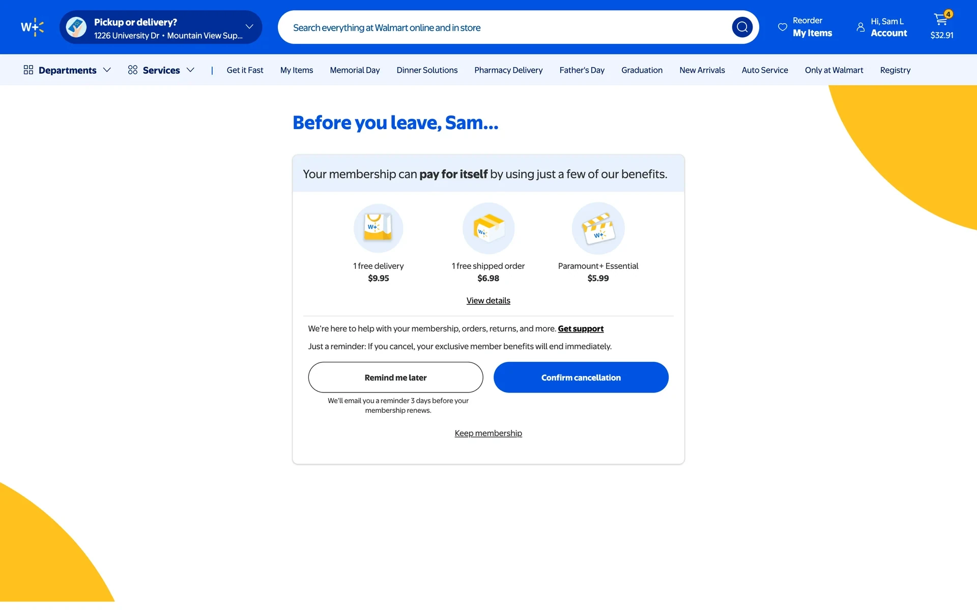 Before you leave save offer listing 1 free delivery $9.95, 1 free shipped order $6.98, and Paramount+ Essential $5.99, with Remind me later, Confirm cancellation, and Keep membership buttons