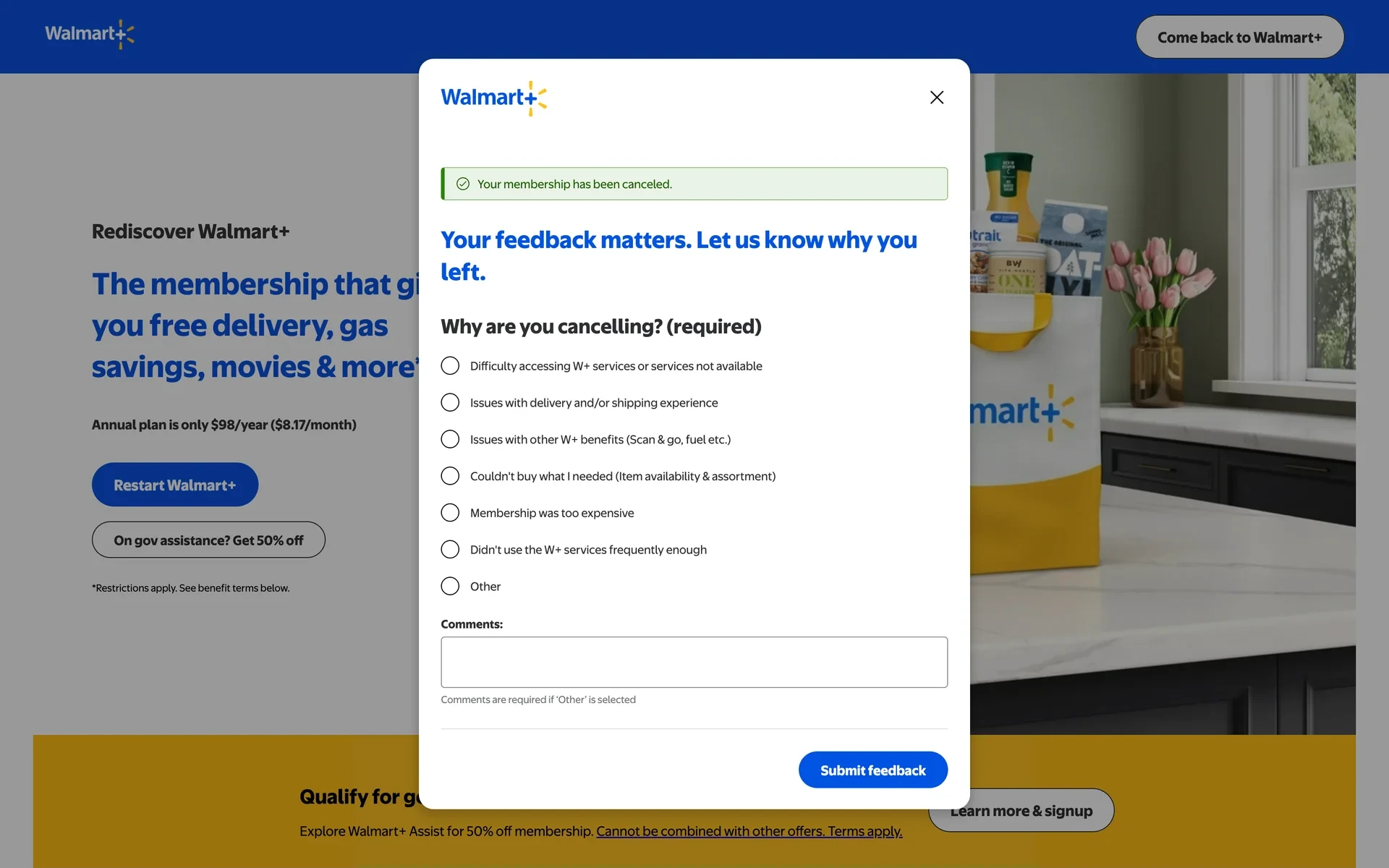 Green banner reading "Your membership has been canceled" above a "Why are you cancelling?" survey with radio options like too expensive and did not use W+ often enough