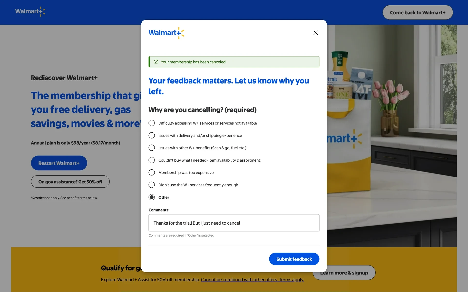 Cancellation survey with the Other radio selected and a comment "Thanks for the trial! But I just need to cancel" typed into the comments box, with a Submit feedback button