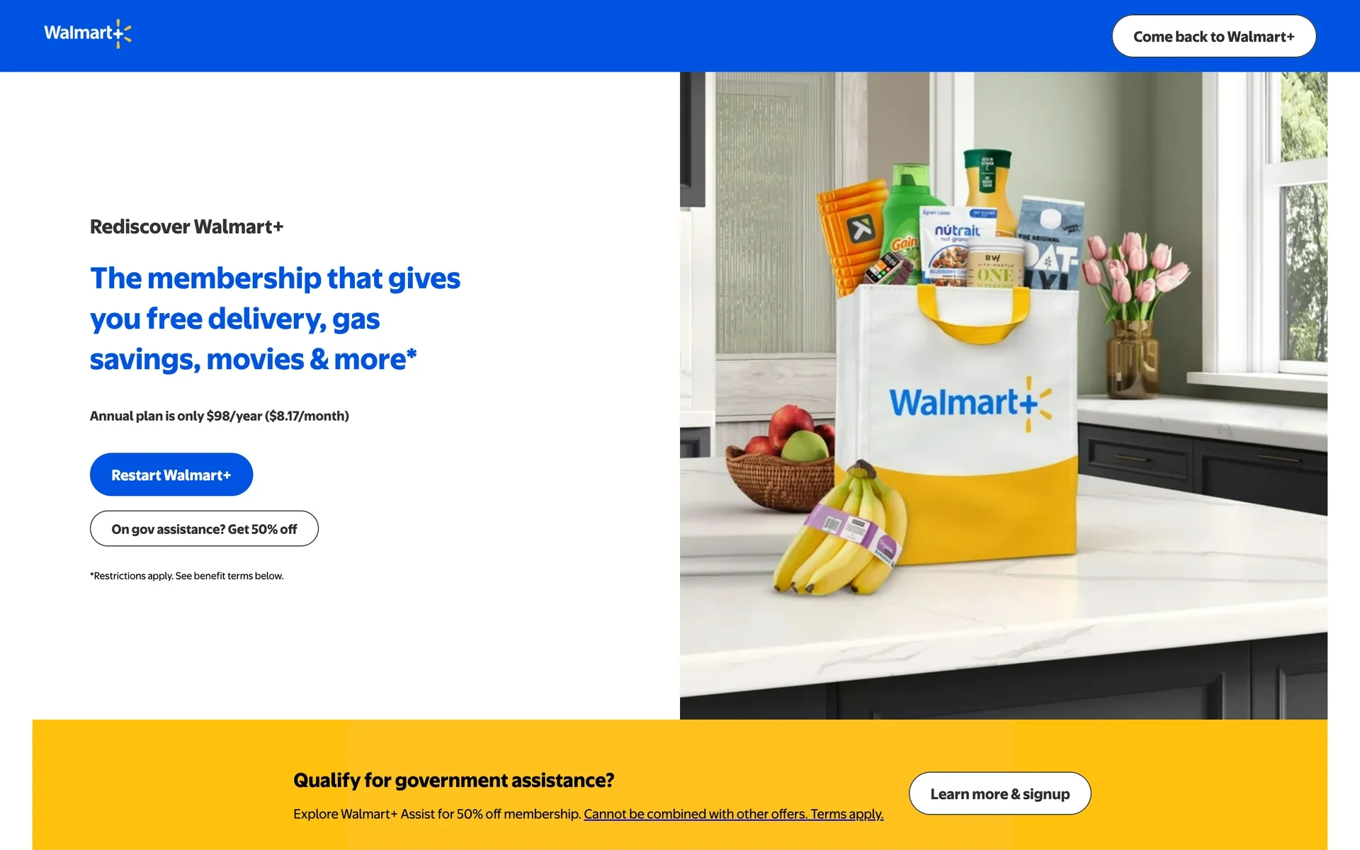 Rediscover Walmart+ restart page showing "Annual plan is only $98/year ($8.17/month)", a Restart Walmart+ button, and an "On gov assistance? Get 50% off" option