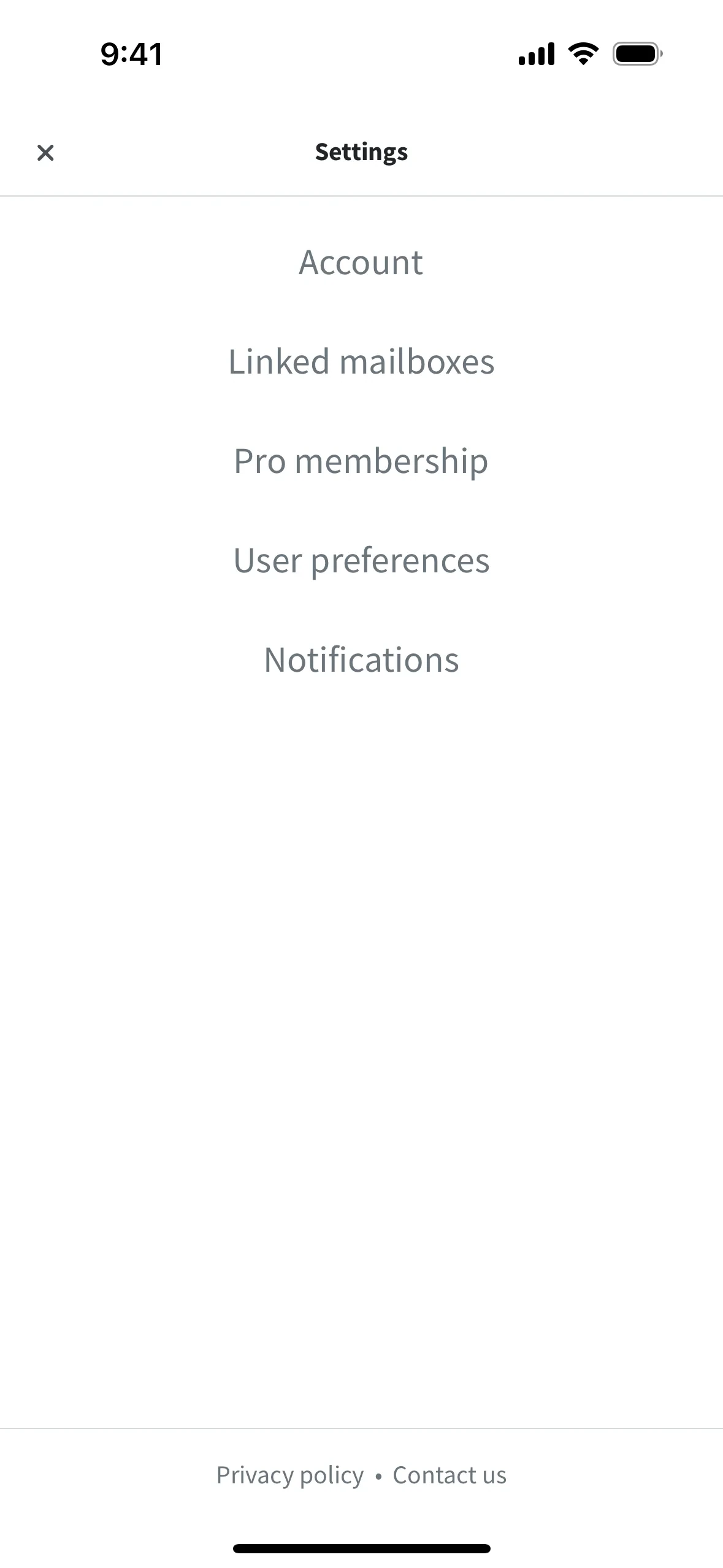 Wanderlog Settings screen listing Account, Linked mailboxes, Pro membership, User preferences, and Notifications