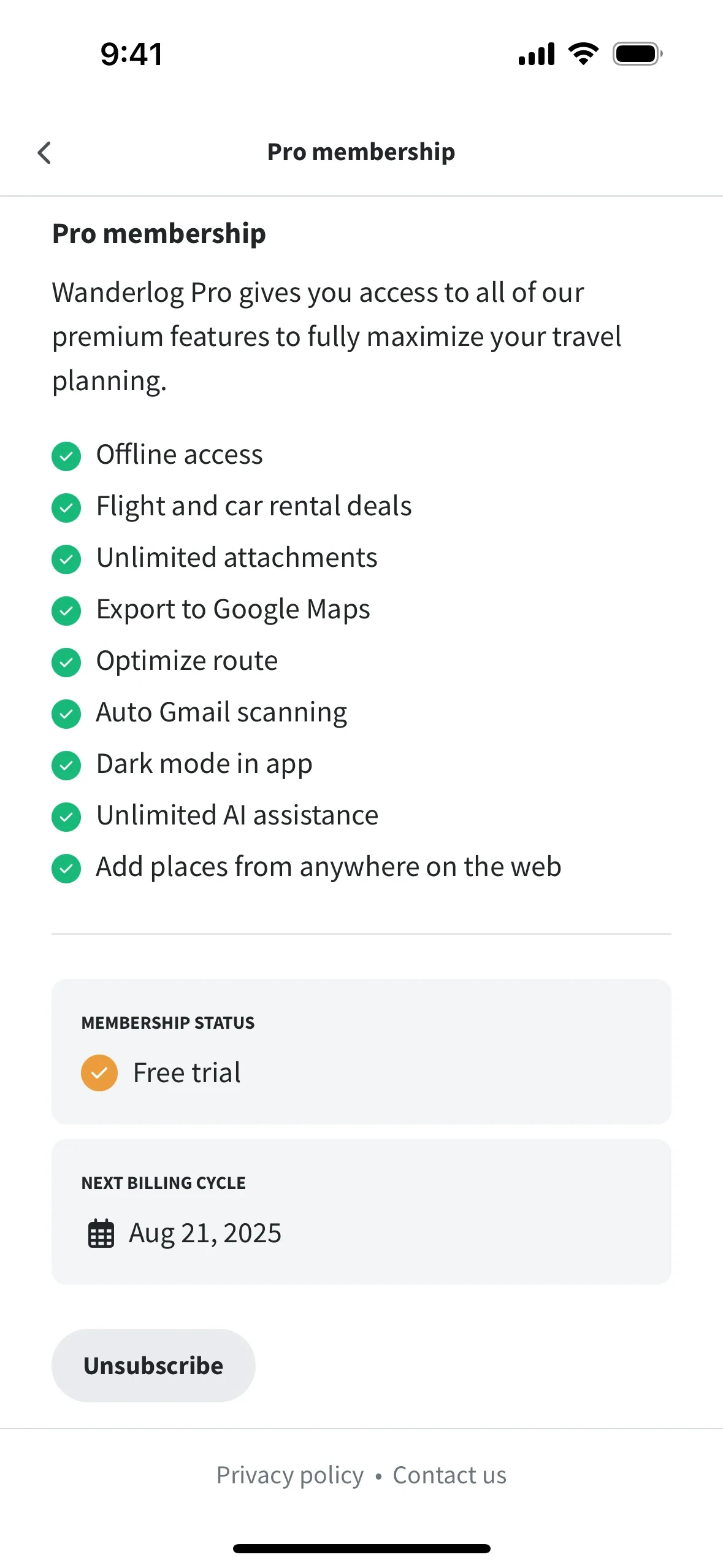 Wanderlog Pro membership screen showing premium feature checkmarks, MEMBERSHIP STATUS Free trial, NEXT BILLING CYCLE date, and a gray Unsubscribe button