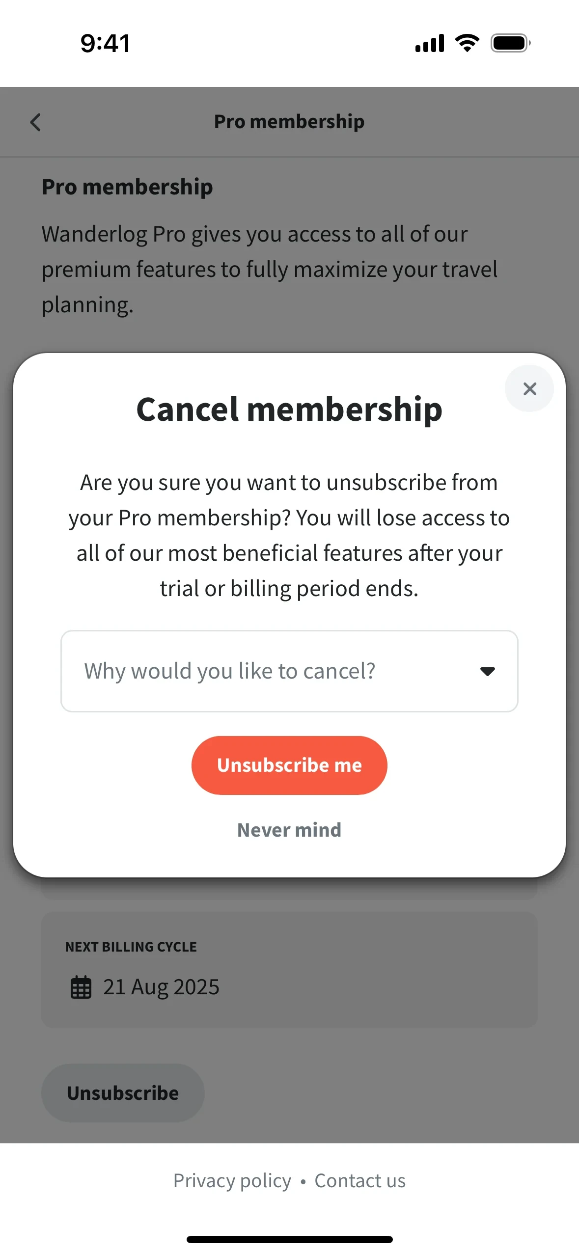 Cancel membership modal over Pro membership with reason dropdown placeholder, orange Unsubscribe me button, and Never mind link