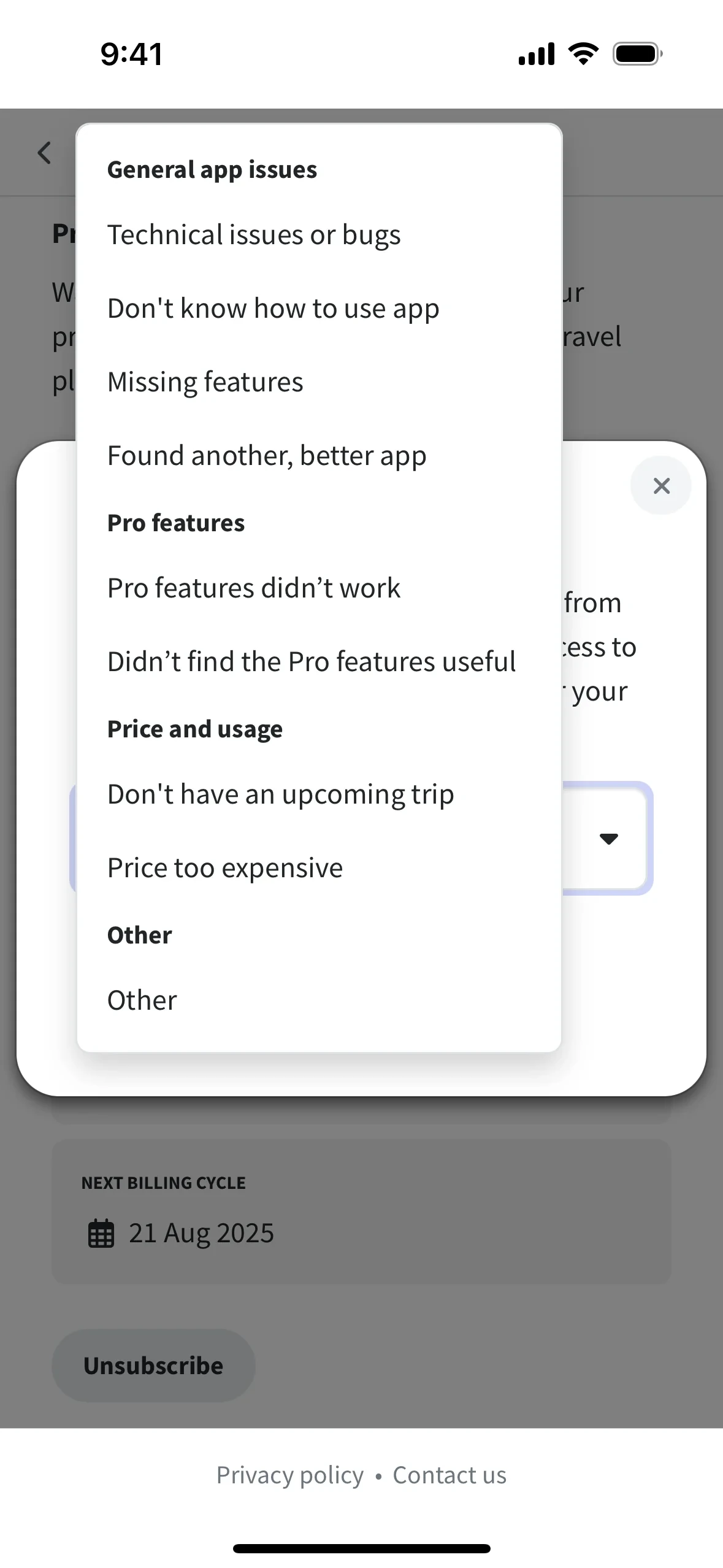 Open cancel-reason menu listing Technical issues or bugs, Missing features, Pro features didn't work, Price too expensive, Don't have an upcoming trip, Other, and similar options