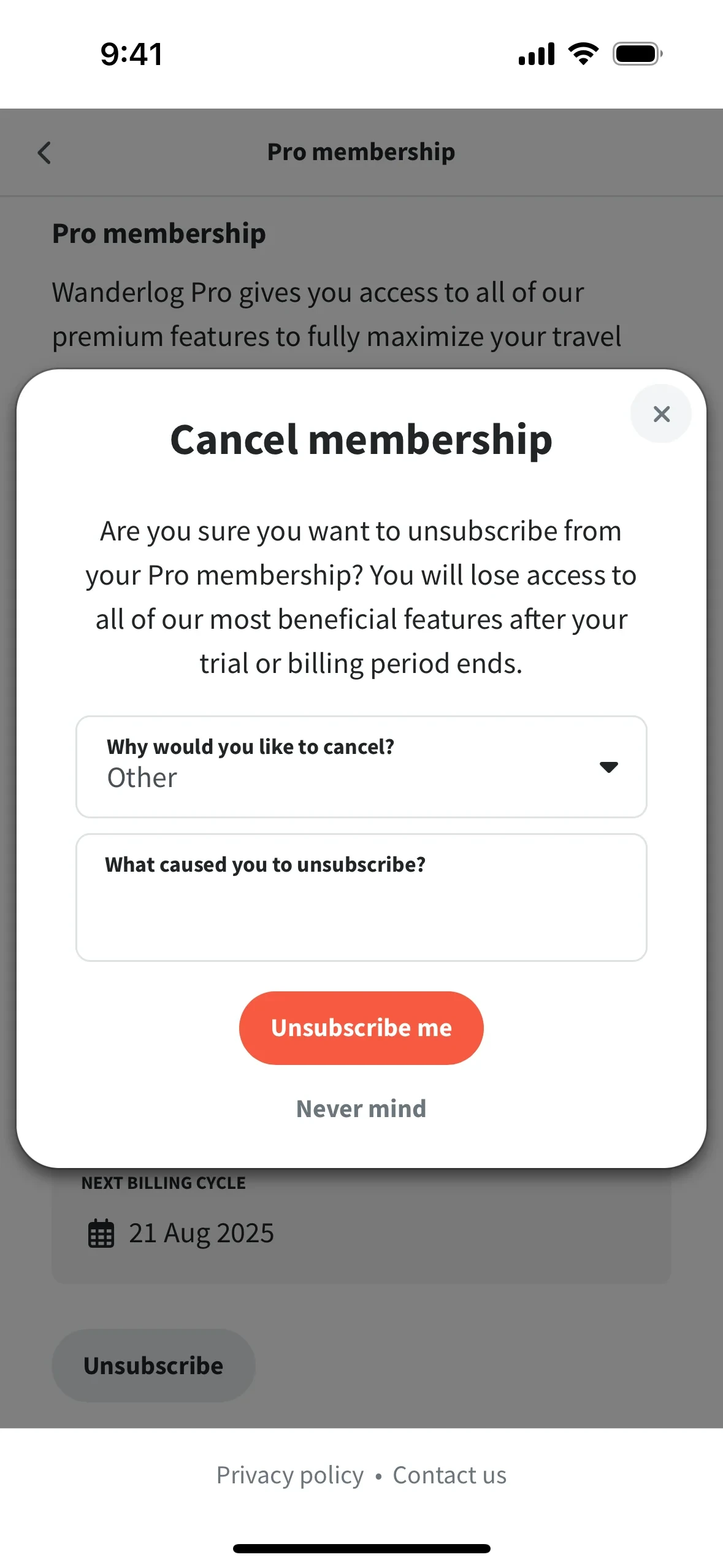 Cancel membership modal with Other selected, a What caused you to unsubscribe text field, orange Unsubscribe me button, and Never mind link