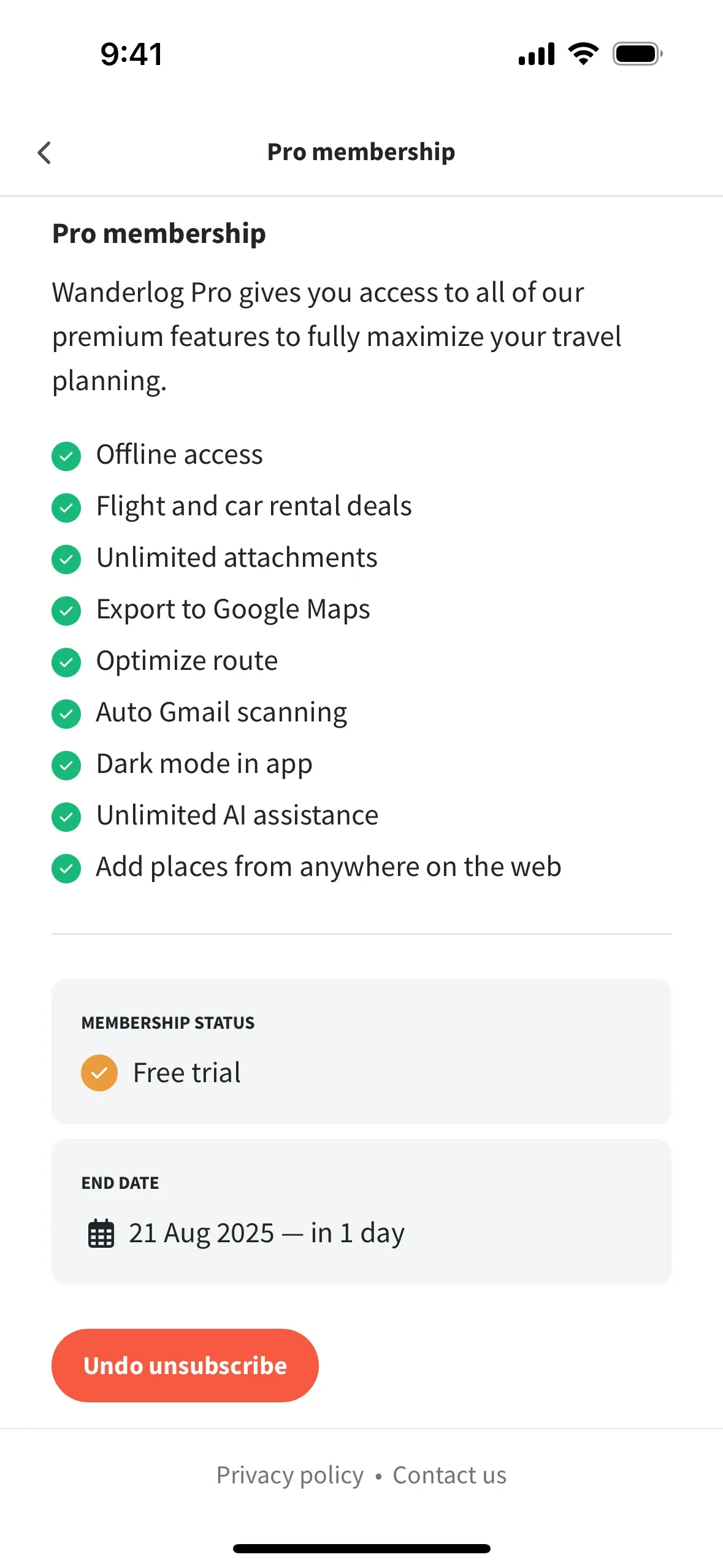 Pro membership screen after cancel showing Free trial status, END DATE with days remaining, and an orange Undo unsubscribe button