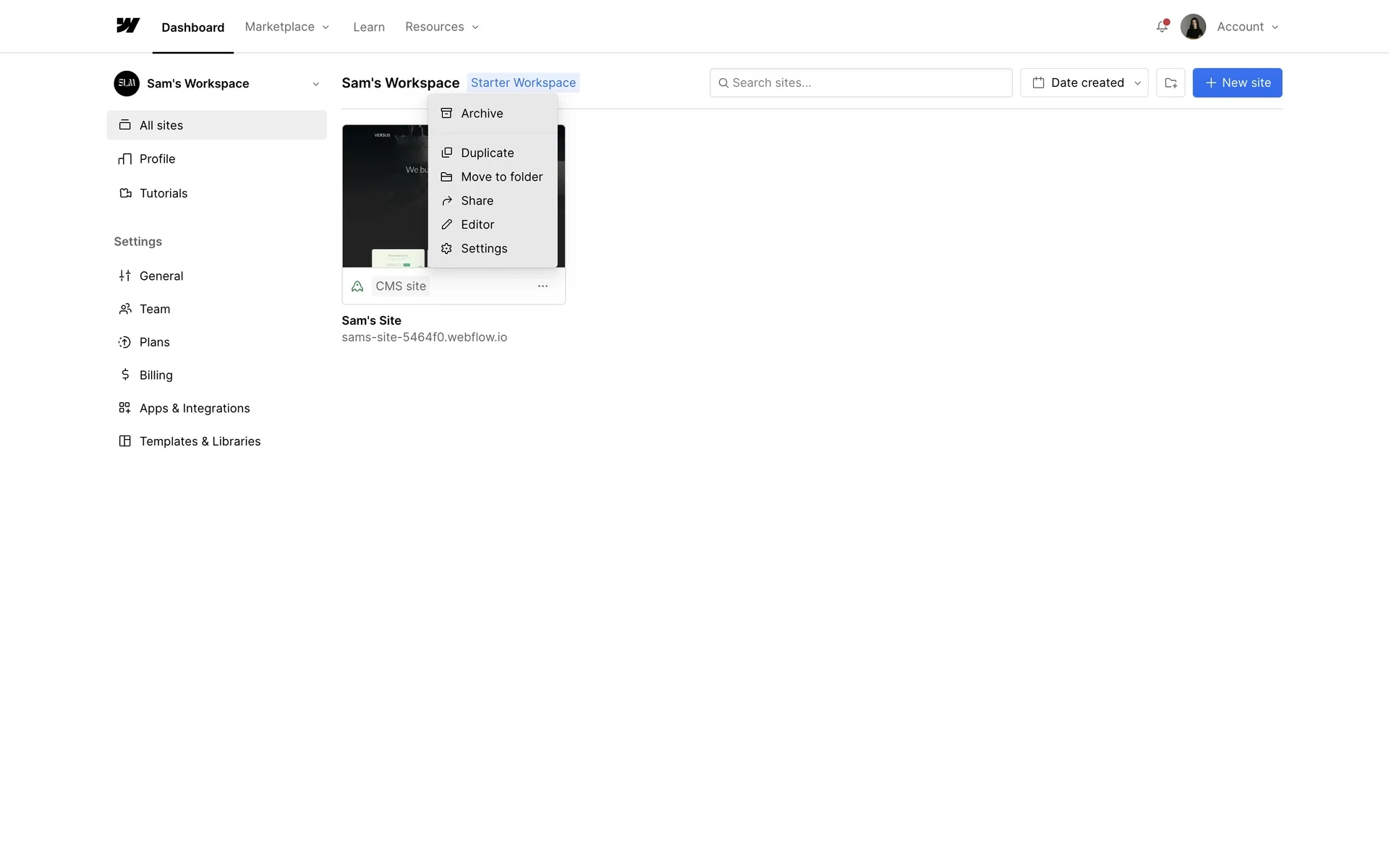 Webflow site card overflow menu open with Archive, Duplicate, Move to folder, Share, Editor, and Settings options; Settings is the gear item at the bottom
