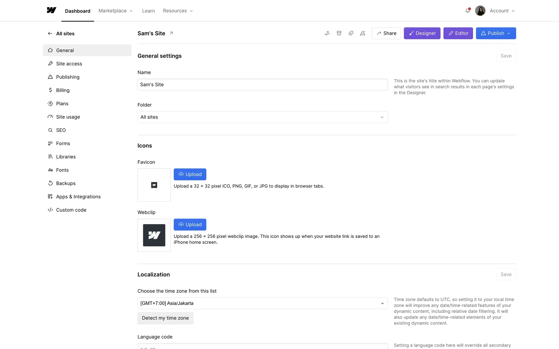 Webflow Site settings General page for Sam's Site with the left sidebar listing General, Site access, Publishing, Billing, Plans, and other site tabs