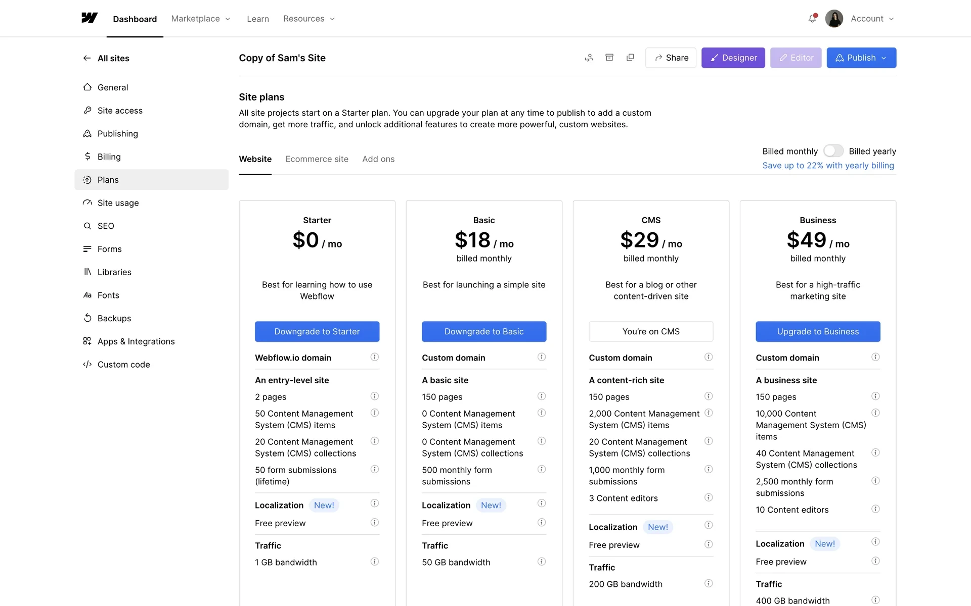 Webflow Site plans grid on the Website tab with Billed monthly selected; Starter shows a blue Downgrade to Starter button while the current paid plan shows You're on CMS (legacy plan names may appear as Basic/Premium after the 2026 pricing reset)