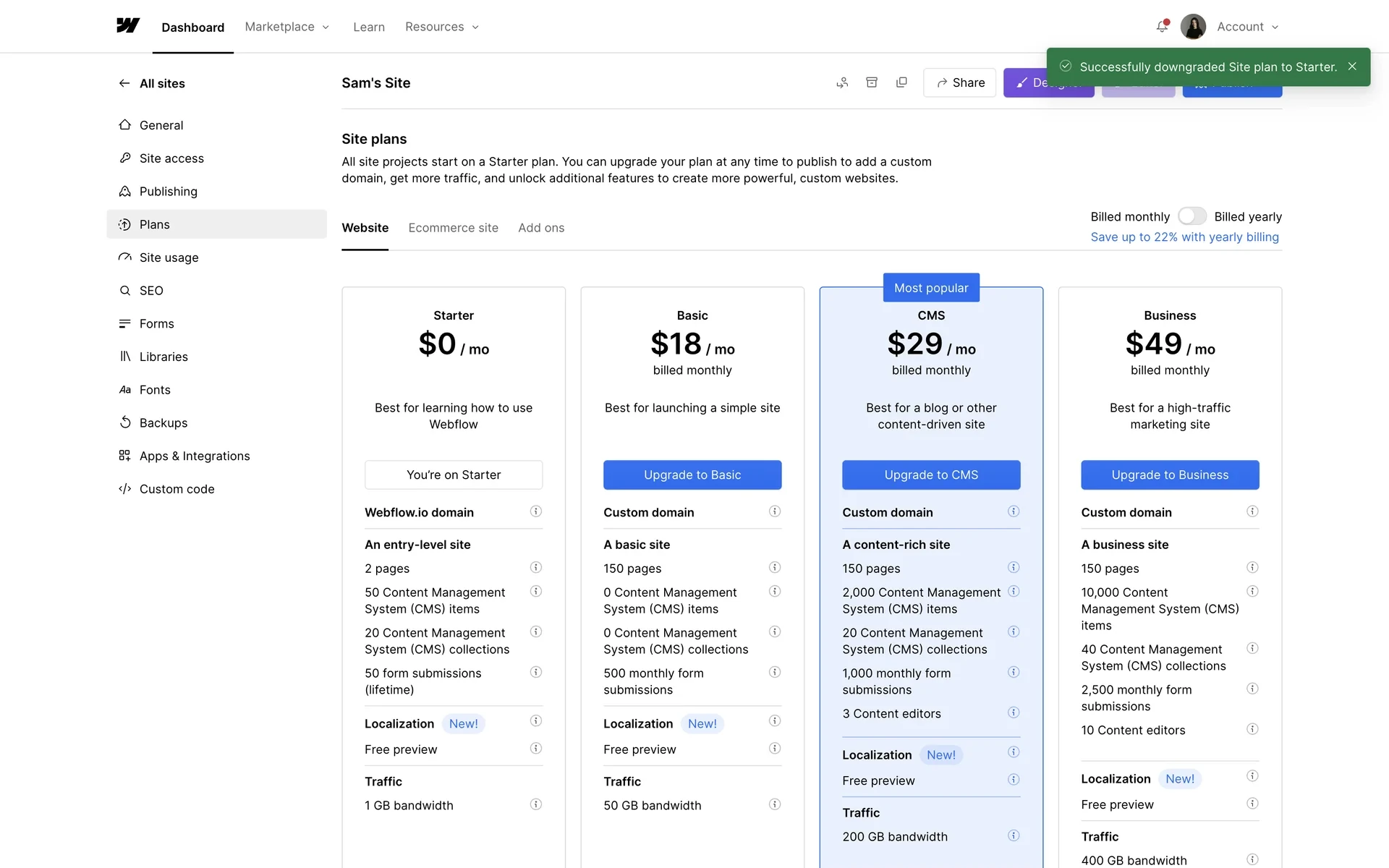Site plans page after cancel with a green Successfully downgraded Site plan to Starter toast and the Starter column showing You're on Starter at $0/mo