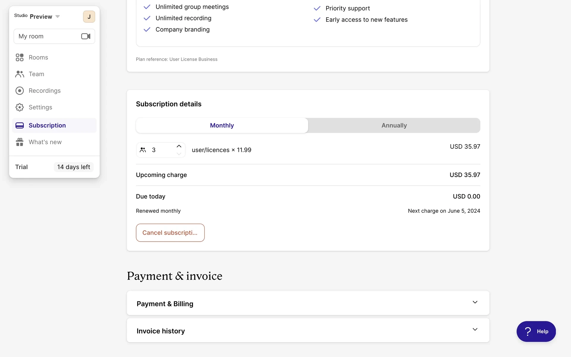 Whereby Subscription details page showing Monthly billing, upcoming charge, next charge date, and a Cancel subscription button under the plan card