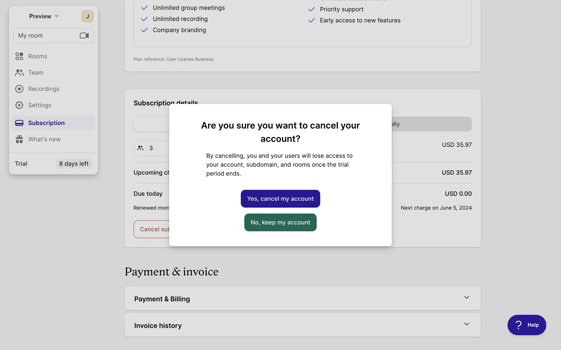 Whereby confirmation modal asking Are you sure you want to cancel your account? with Yes, cancel my account and No, keep my account buttons