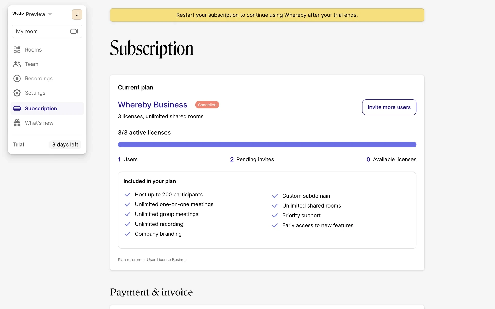 Whereby Subscription page after cancel showing Whereby Business with a Cancelled badge, license usage bar, and a yellow Restart your subscription banner