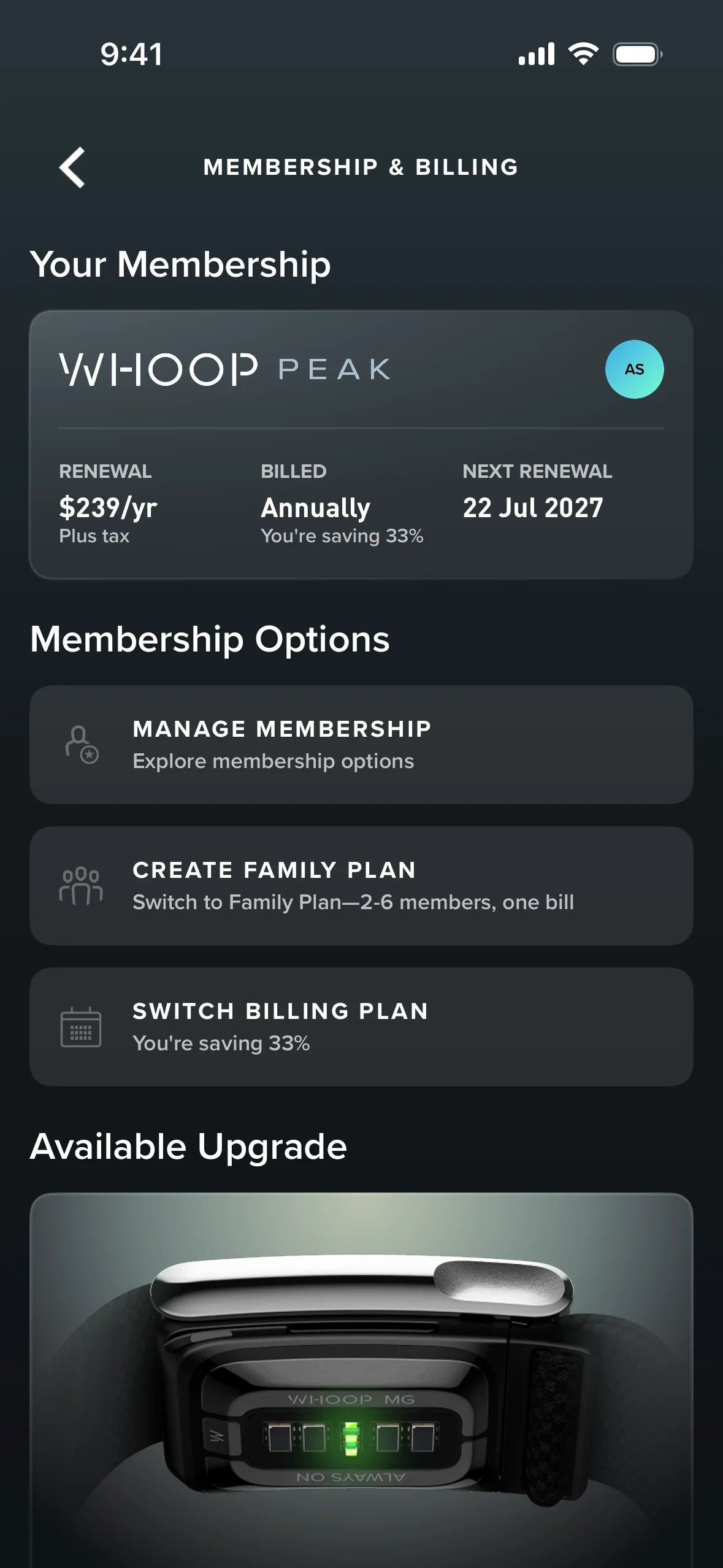 WHOOP app Membership & Billing screen with a WHOOP Peak card reading Renewal $239/yr plus tax, Billed Annually and Next Renewal 22 Jul 2027, then Manage Membership, Create Family Plan and Switch Billing Plan under Membership Options, and an Available Upgrade card below