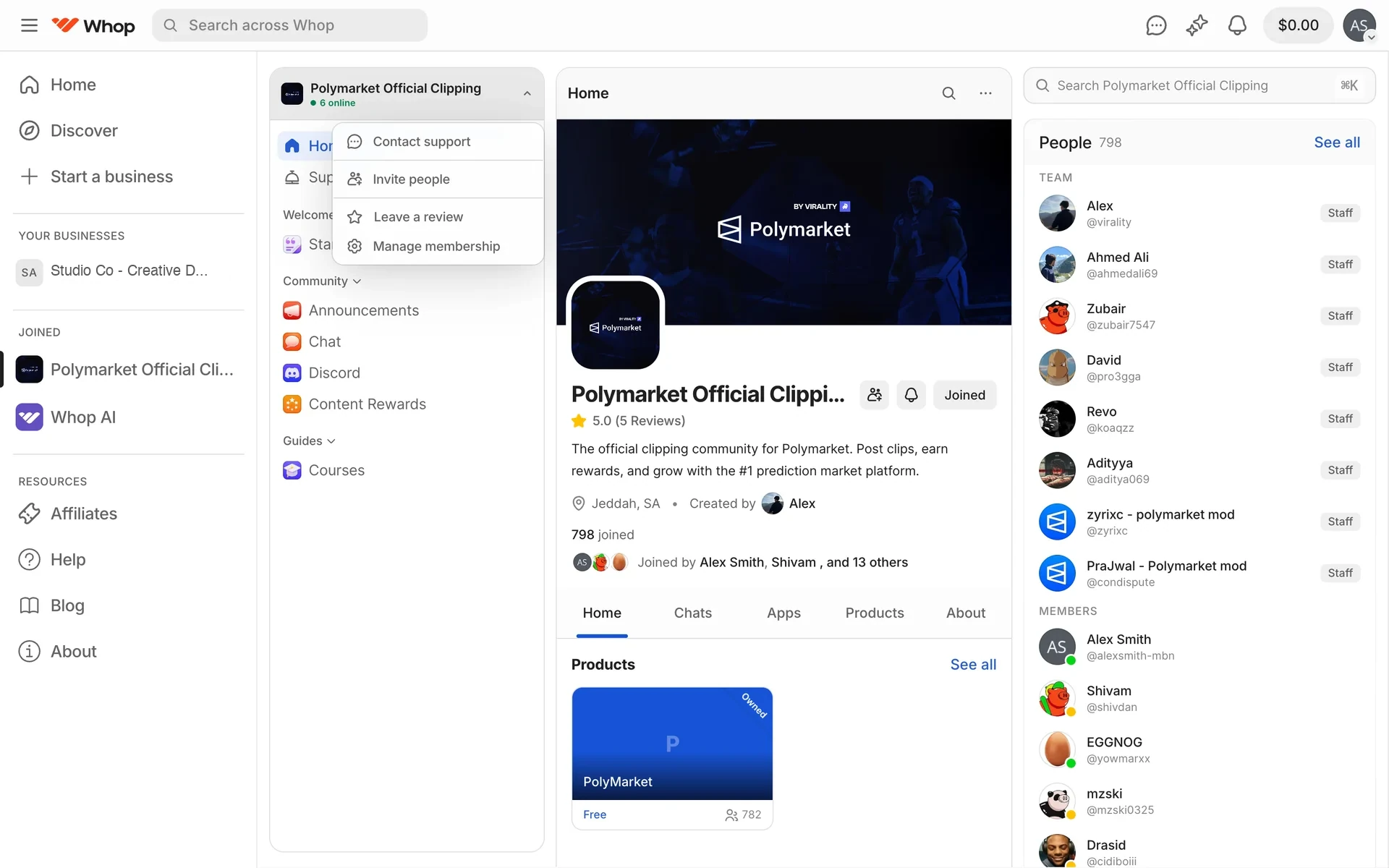Whop community page with the community-name dropdown open, showing Contact support, Invite people, Leave a review, and Manage membership options