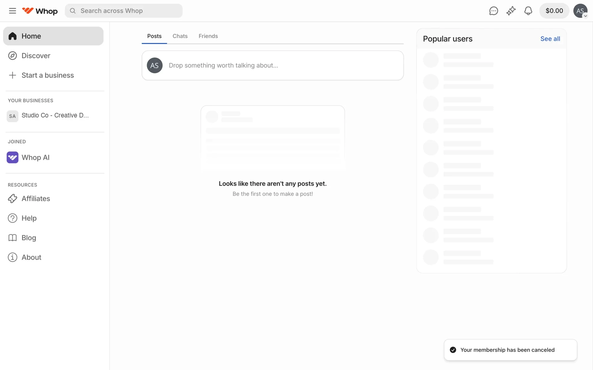 Whop home page with a confirmation toast reading "Your membership has been canceled"