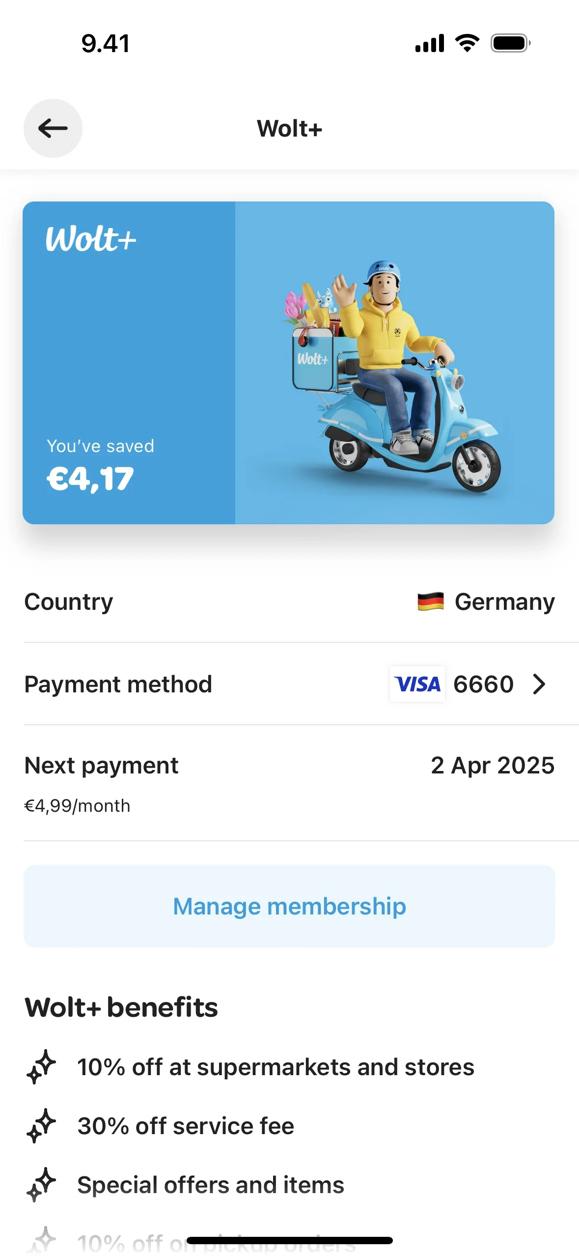 Wolt+ membership screen showing You’ve saved €4,17, Country Germany with flag, VISA ending 6660, Next payment 2 Apr 2025 at €4,99/month, and a light-blue Manage membership button above Wolt+ benefits