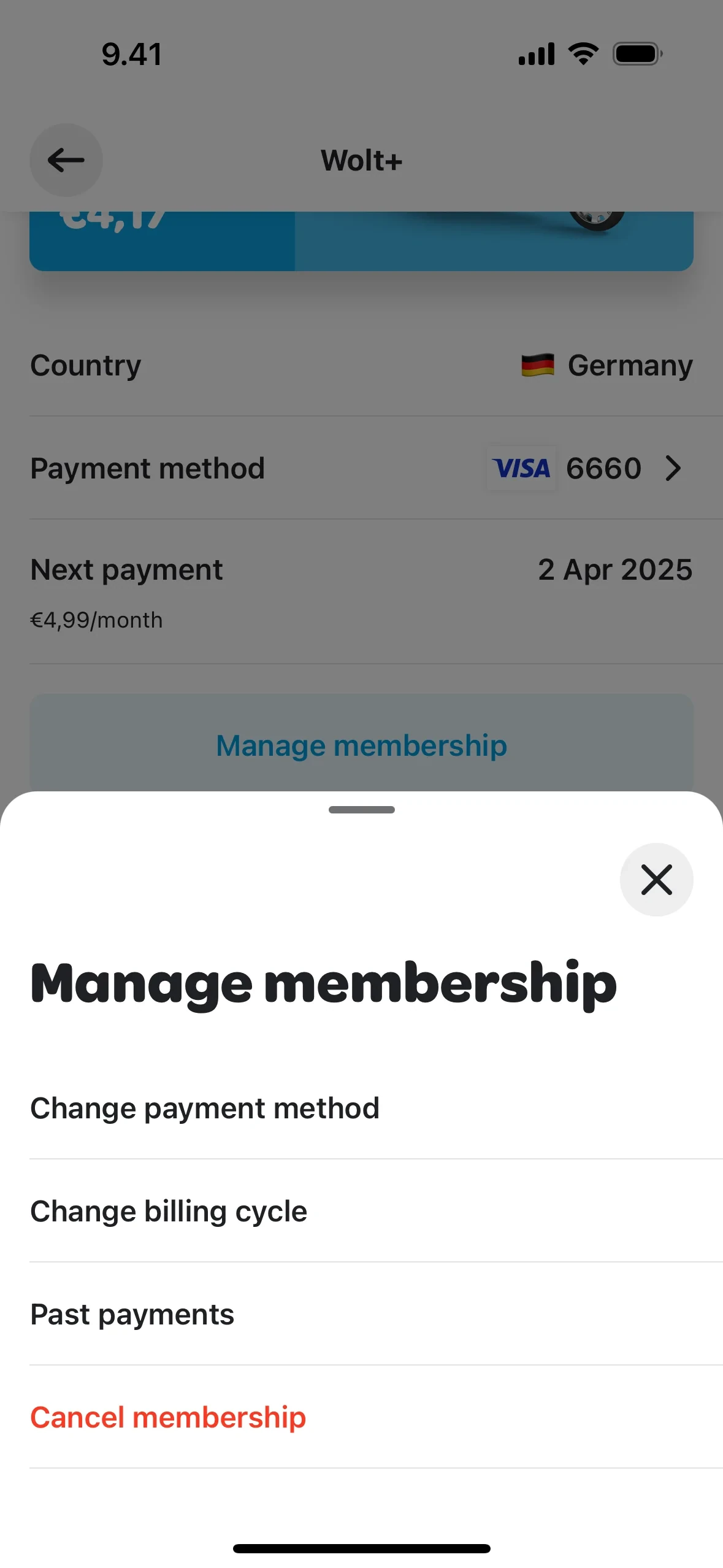 Manage membership bottom sheet listing Change payment method, Change billing cycle, Past payments, and Cancel membership in red text