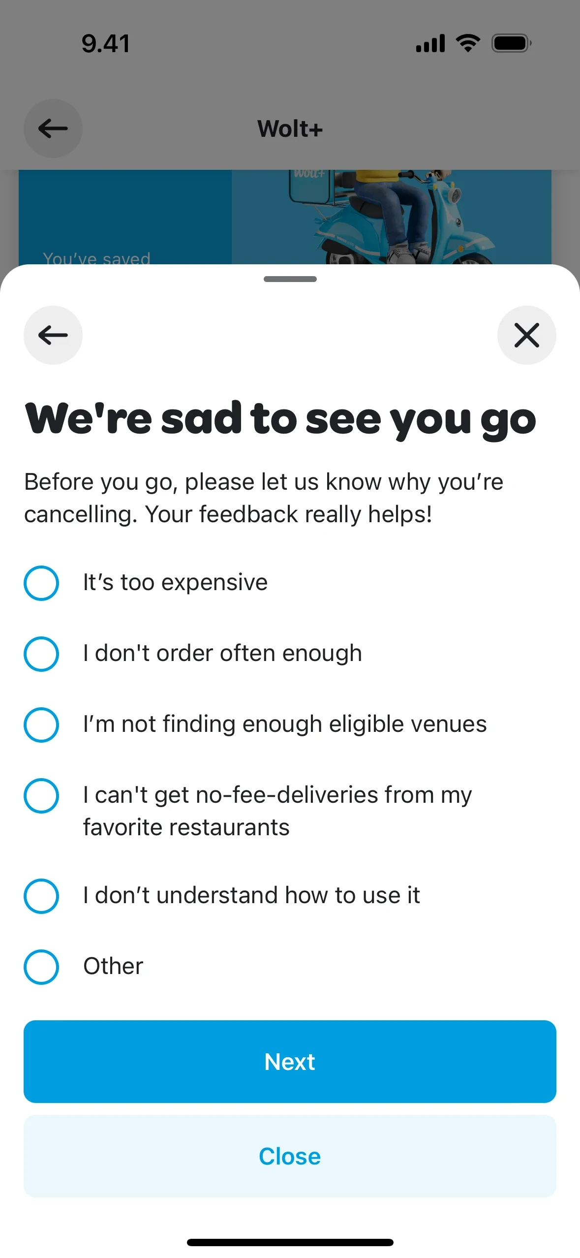 We’re sad to see you go modal with six unselected radio reasons, a blue Next button, and a light-blue Close button