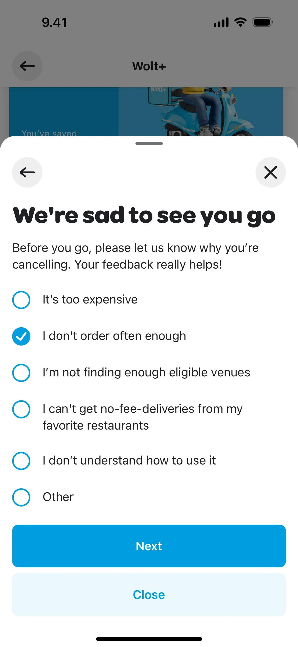 Cancel reason survey with I don’t order often enough selected (blue check) and Next / Close buttons at the bottom