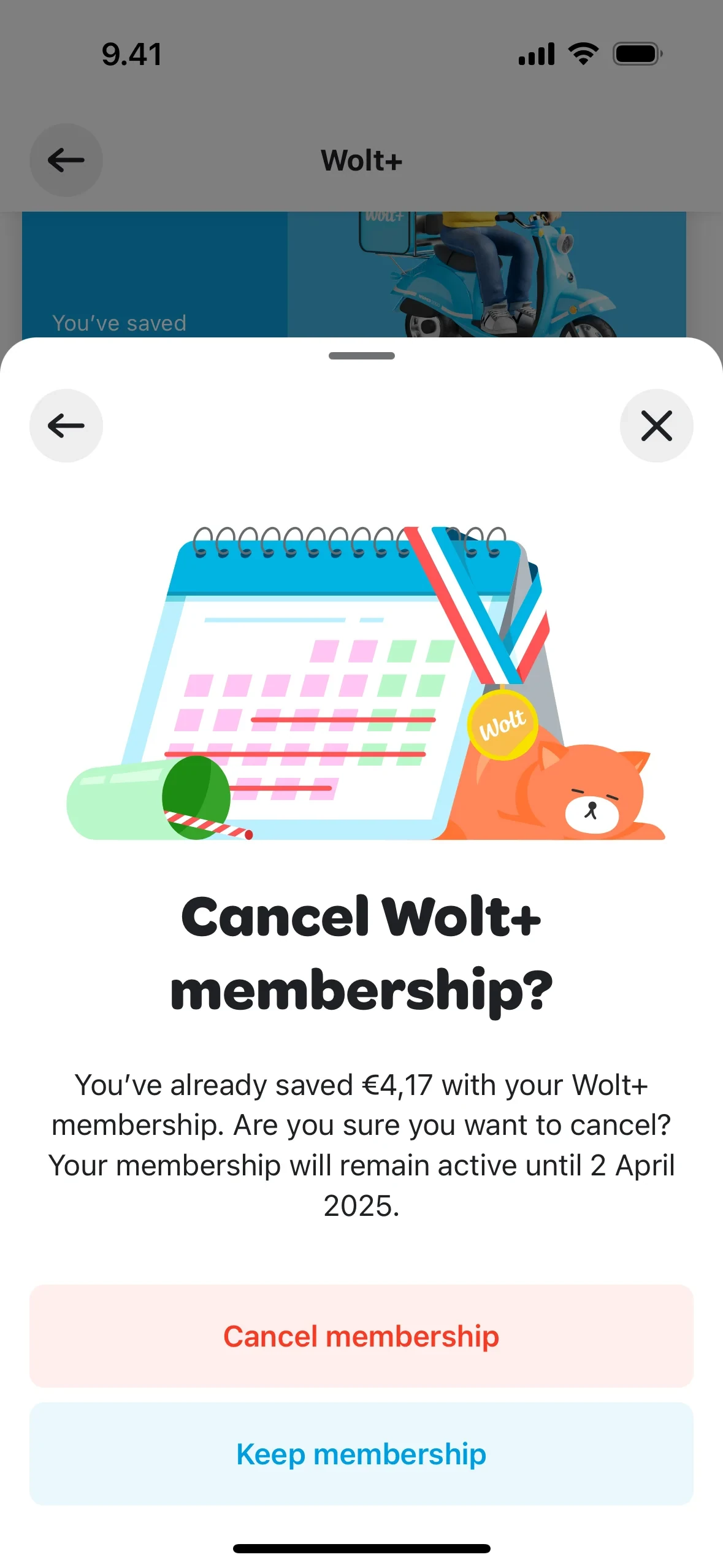 Cancel Wolt+ membership? sheet with calendar illustration, savings line You’ve already saved €4,17, access-until text for 2 April 2025, pink Cancel membership button, and blue Keep membership button
