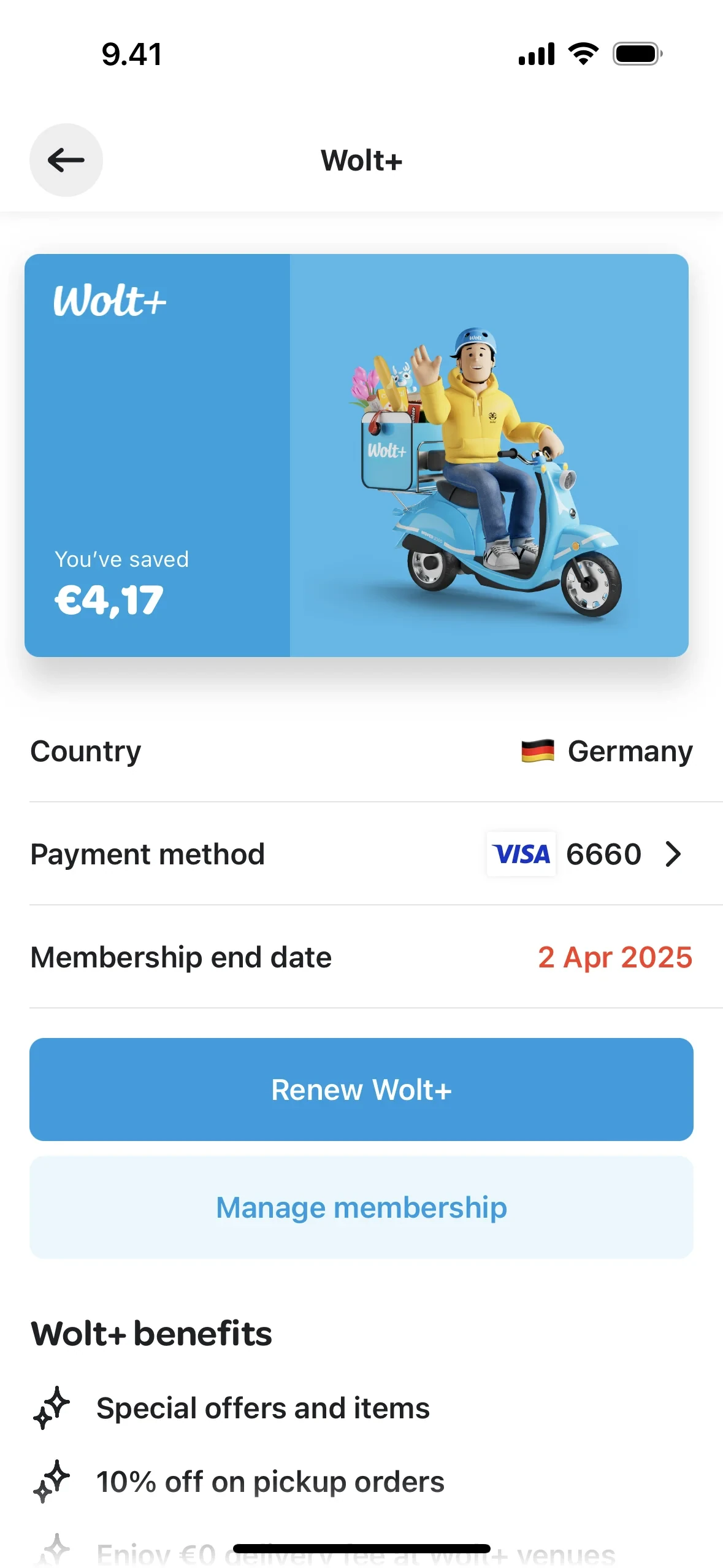 Wolt+ screen after cancel showing You’ve saved €4,17, Country Germany, VISA 6660, Membership end date 2 Apr 2025 in orange, blue Renew Wolt+ button, and outlined Manage membership button