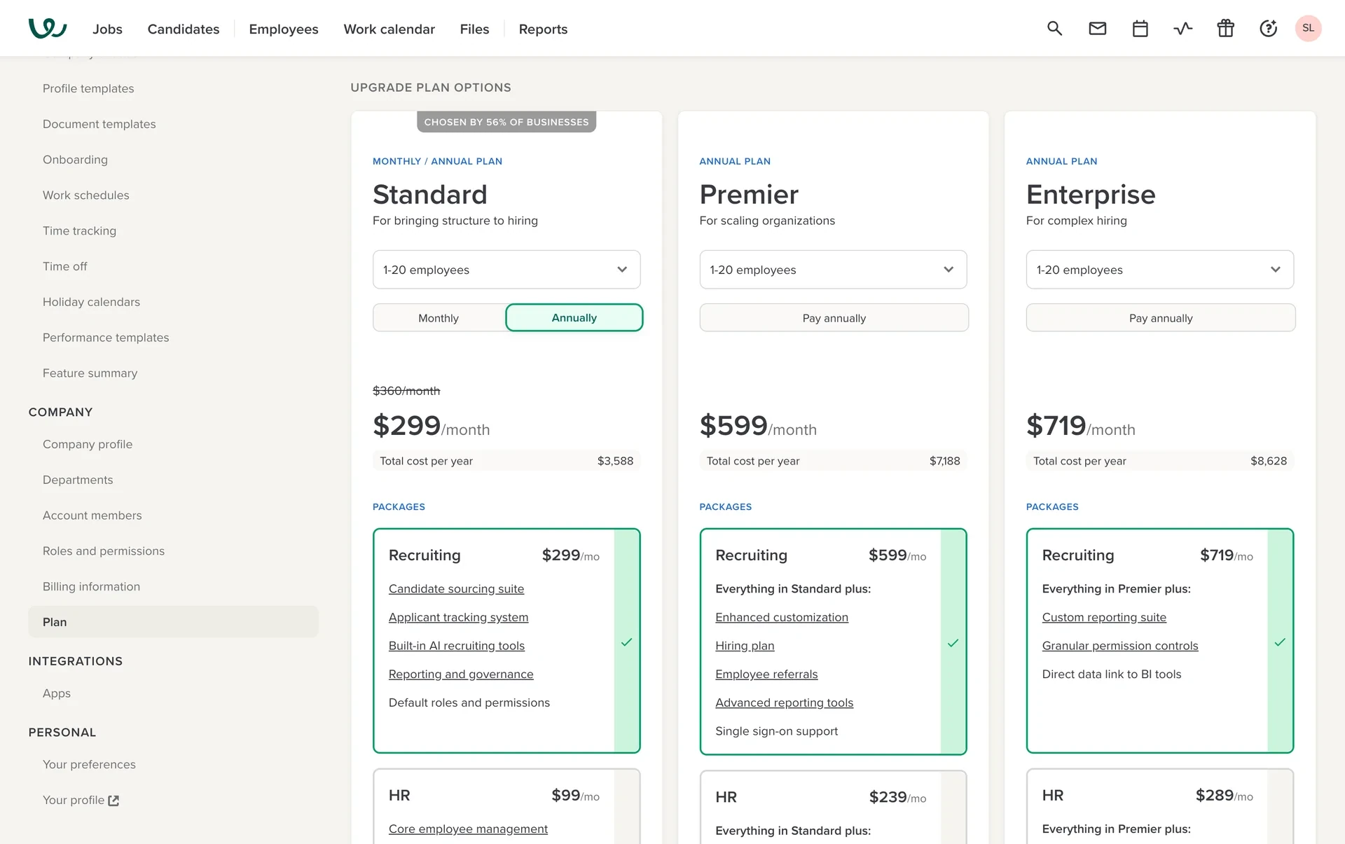 Workable Plan page showing Standard, Premier, and Enterprise upgrade cards for 1-20 employees with annual pricing and Recruiting package checkmarks