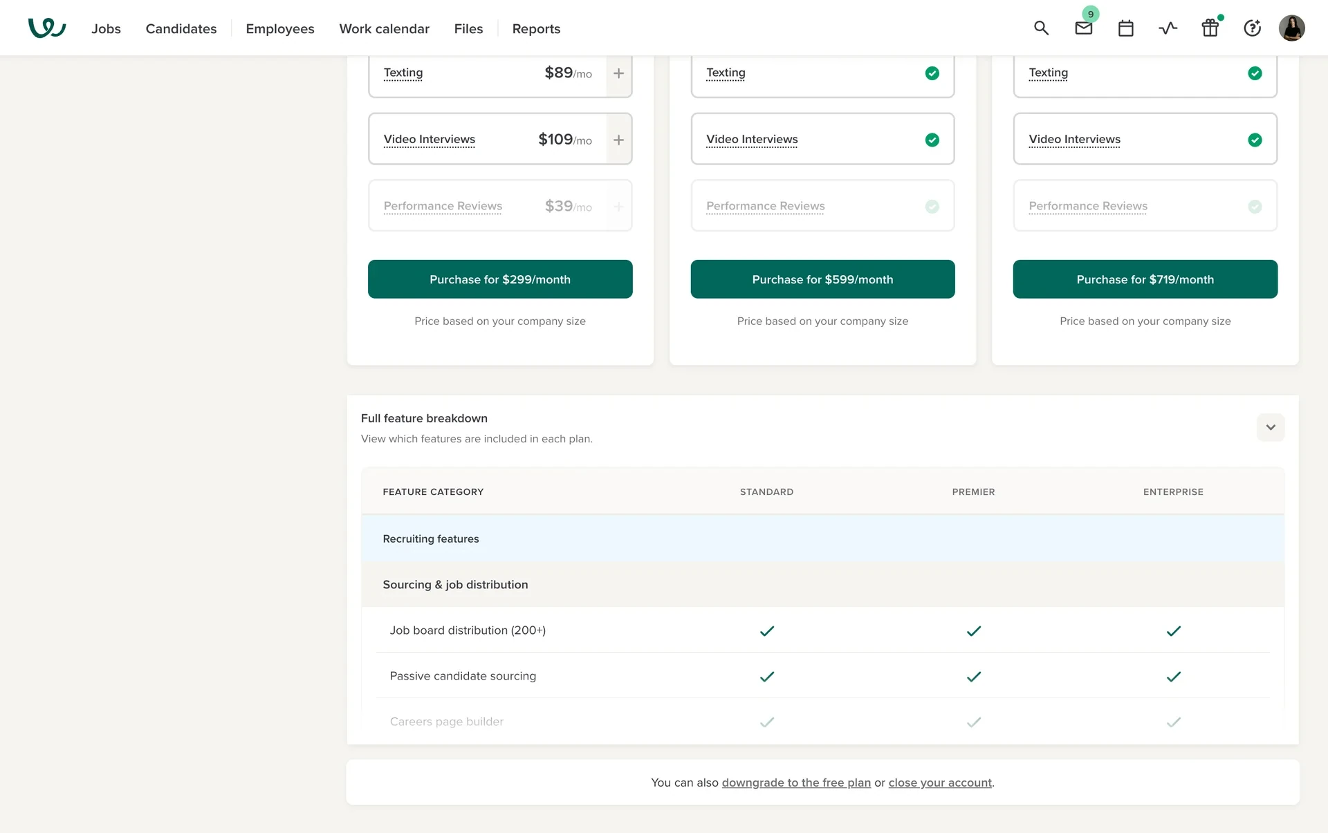 Bottom of the Workable Plan page with the underlined links downgrade to the free plan and close your account under the feature breakdown table