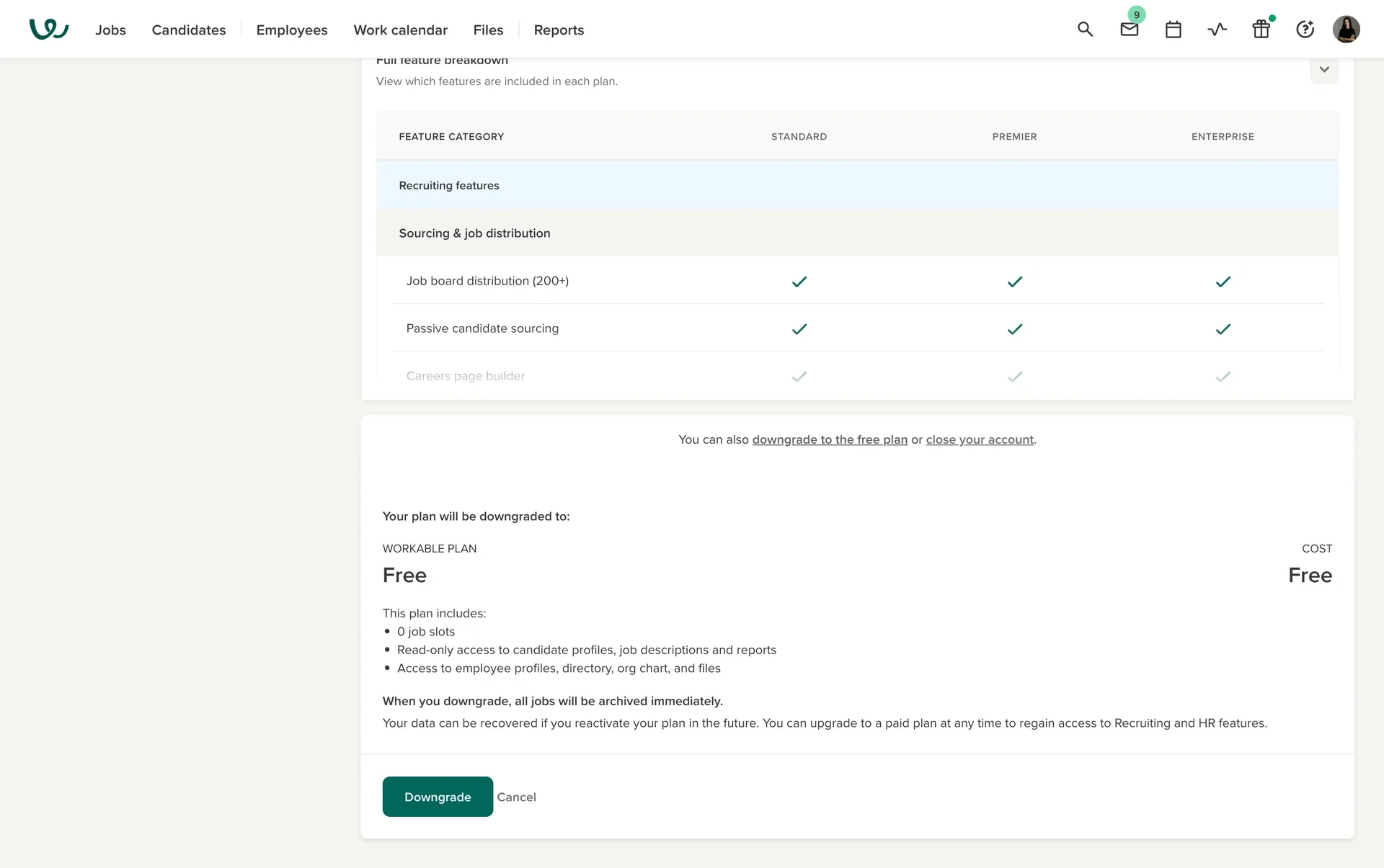 Workable Free downgrade summary listing 0 job slots and read-only candidate access, with a warning that all jobs will be archived immediately and a teal Downgrade button