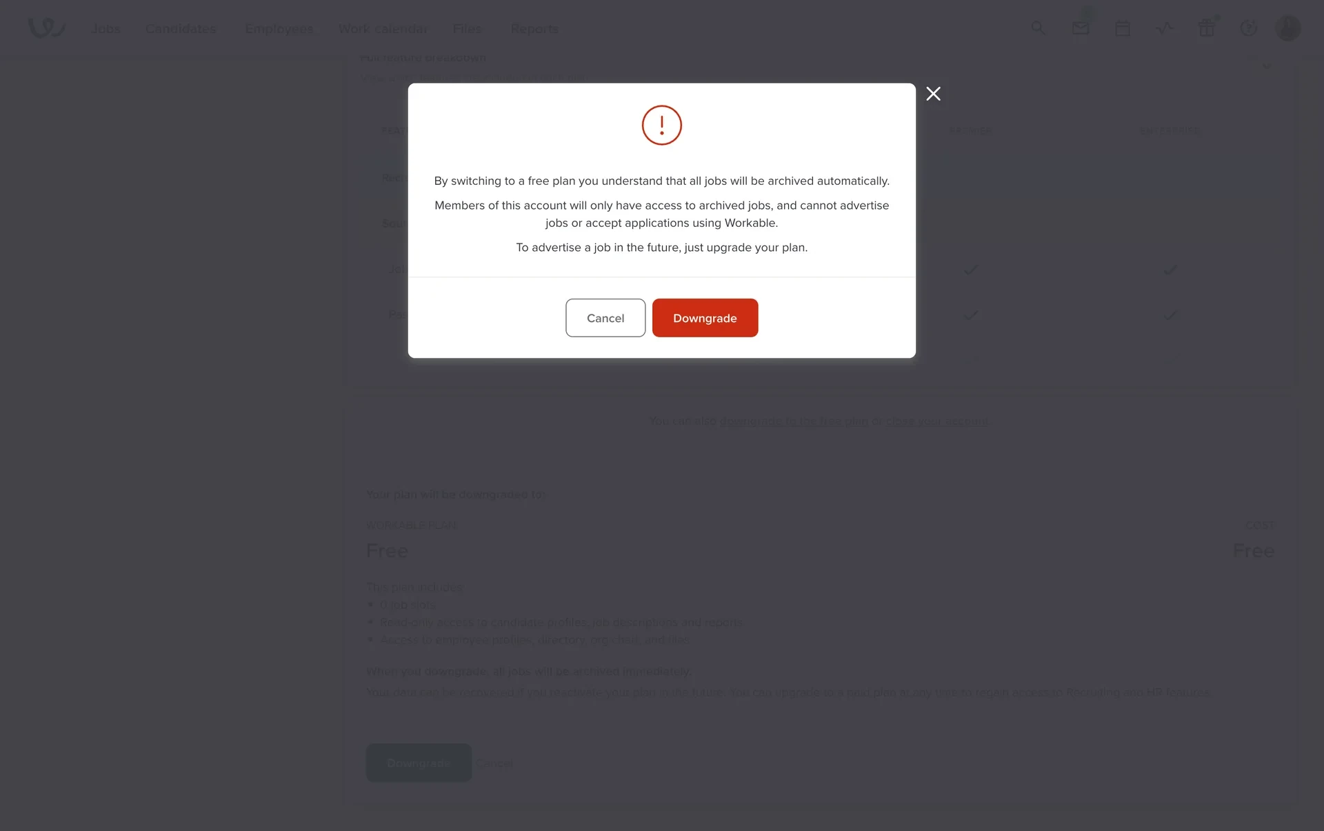 Workable confirmation modal with a red warning icon stating jobs will be archived automatically, plus Cancel and red Downgrade buttons