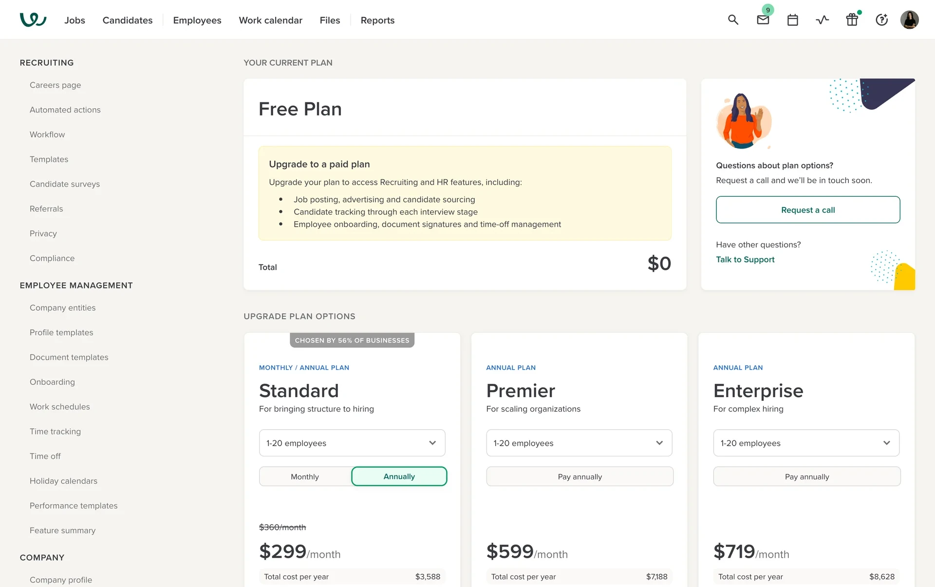 Workable Plan page after downgrade showing Free Plan at $0 with an Upgrade to a paid plan yellow box and Standard, Premier, and Enterprise upgrade cards below