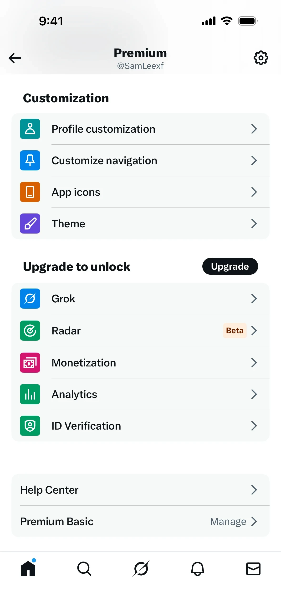 X iOS Premium screen for @SamLeexf showing Customization and Upgrade to unlock rows, with Premium Basic at the bottom labeled Manage