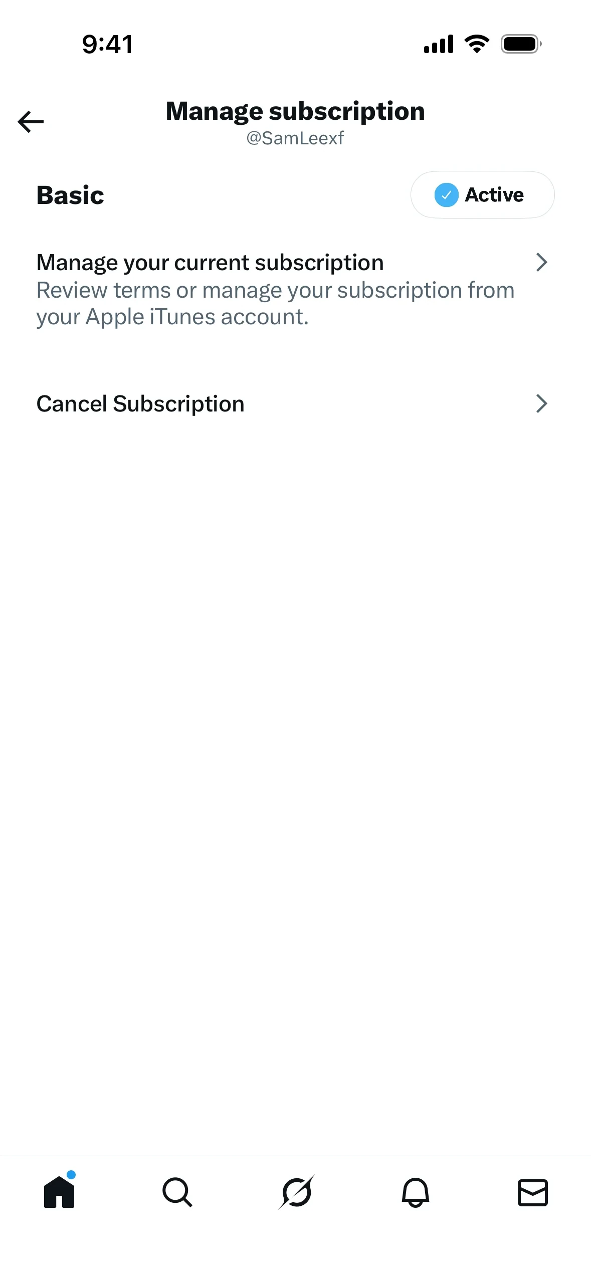 X iOS Manage subscription screen showing Basic with an Active badge, Manage your current subscription with Apple iTunes account copy, and Cancel Subscription