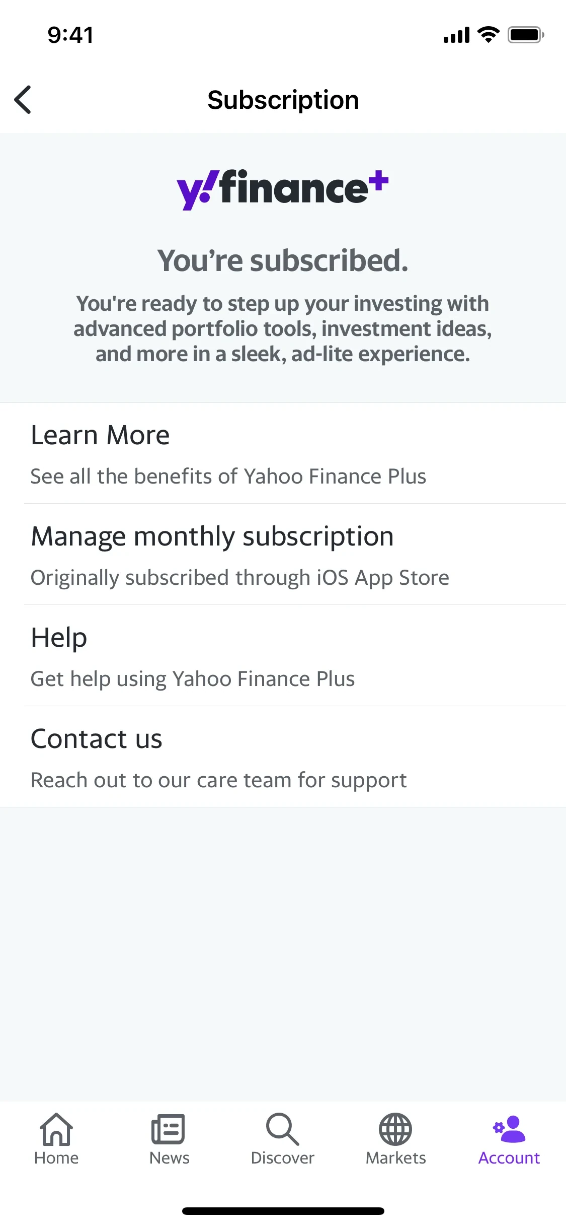 Yahoo Finance iOS Subscription screen with the y!finance+ logo, "You're subscribed." heading, and Manage monthly subscription row subtitled Originally subscribed through iOS App Store