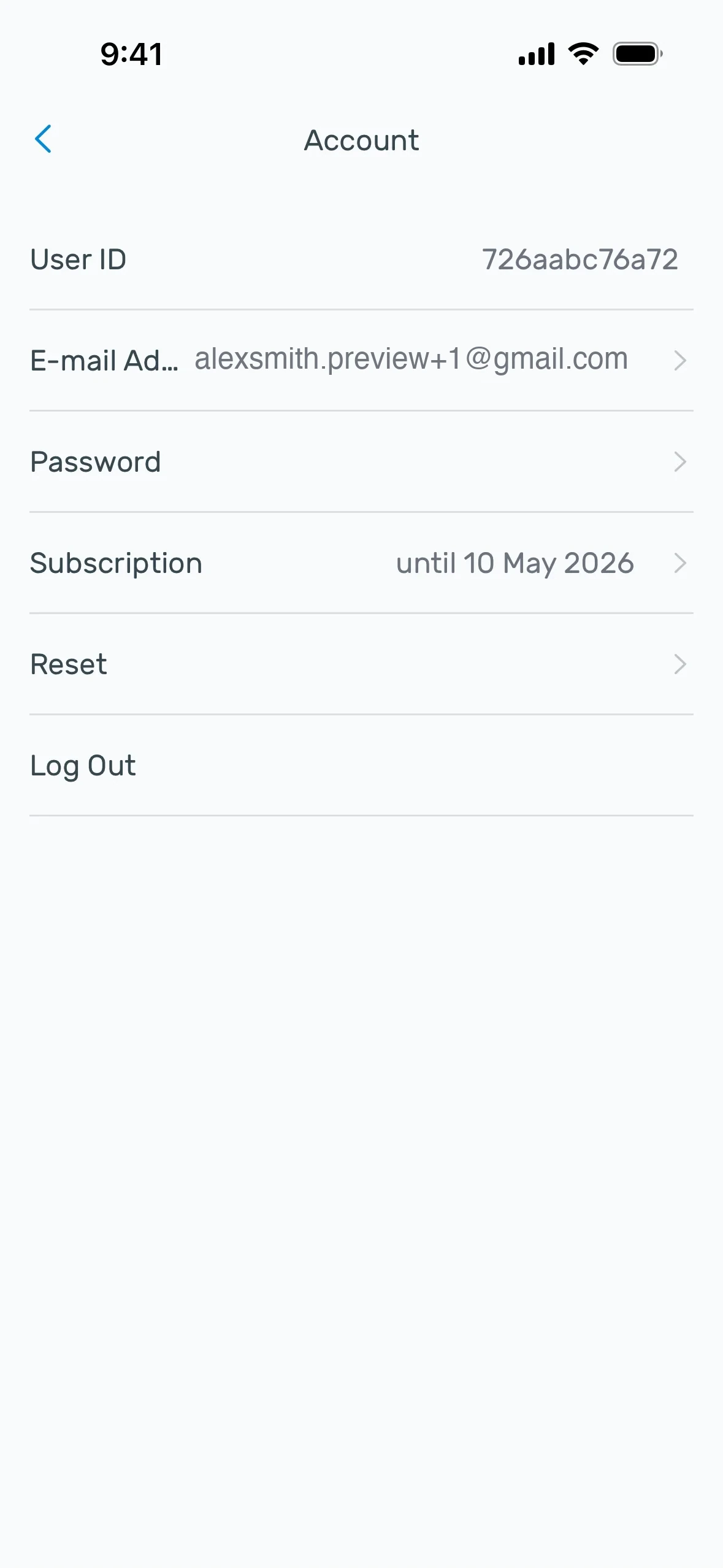 Yazio Account screen showing User ID, E-mail, Password, and a Subscription row reading "until 10 May 2026"